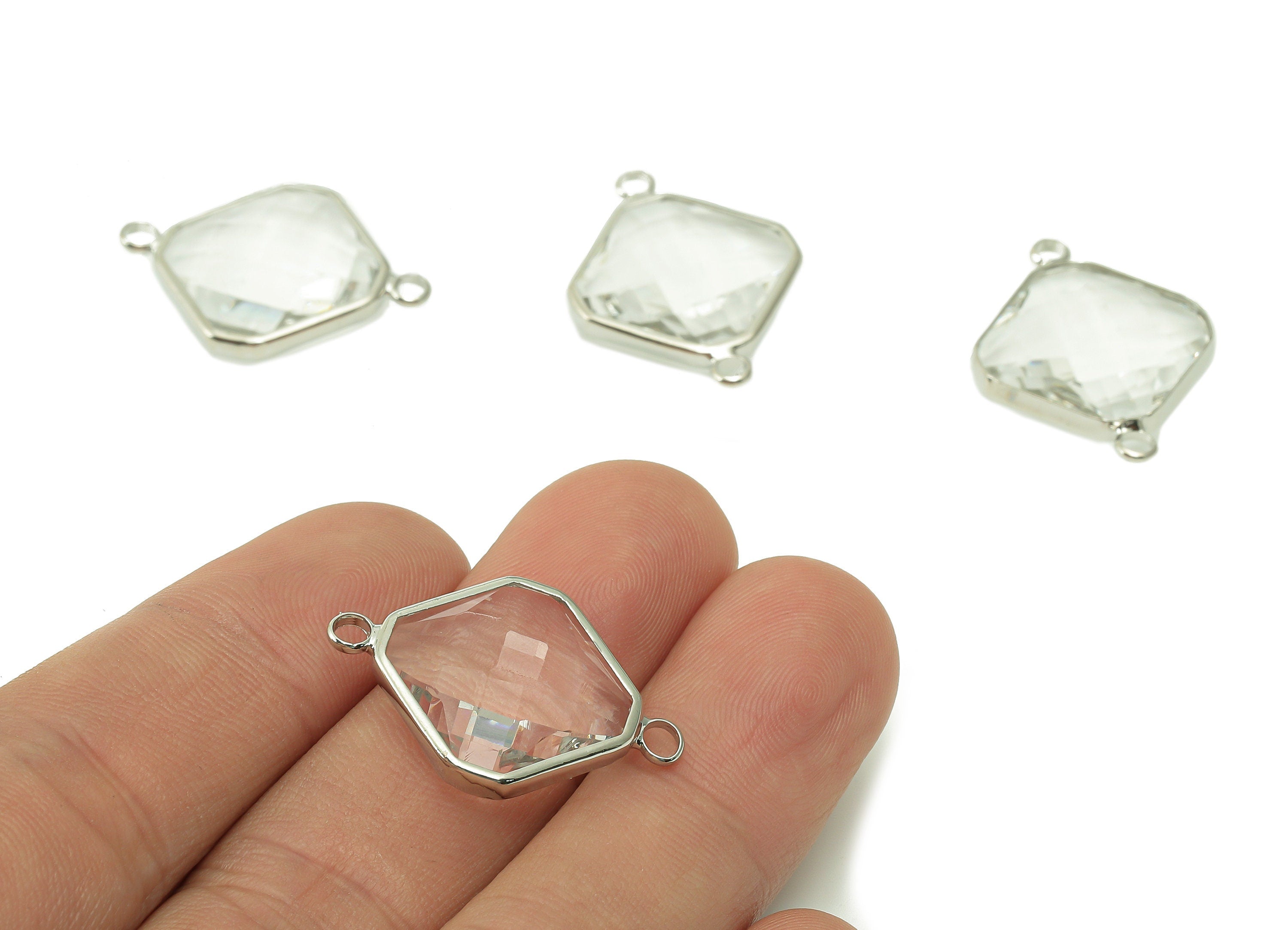 Square Clear Glass Connector - Brass Frame Pendant With 2 Loop - Silver Tone Plating - Faceted Transparent Glass - 26.6x19.7x6.5mm - GS1162 - DOMEDBAZAAR
