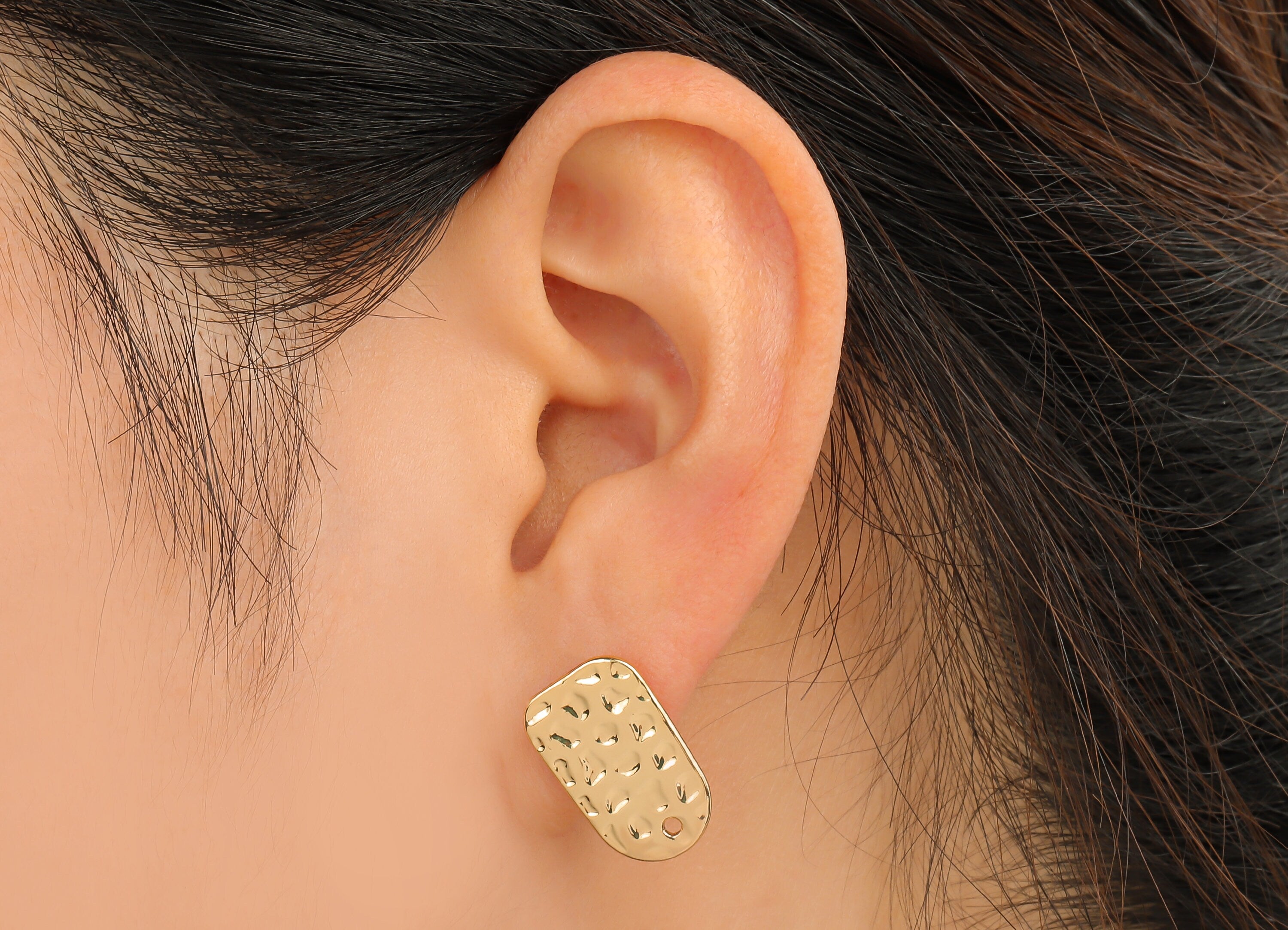 Brass Earring Stud - Brass Hammered Oval Dome Stud Earring - 18K Real Gold Plated Brass Post - Imitation Silver Stud - 18.3x11.5x1mm-RGP4540 - DOMEDBAZAAR