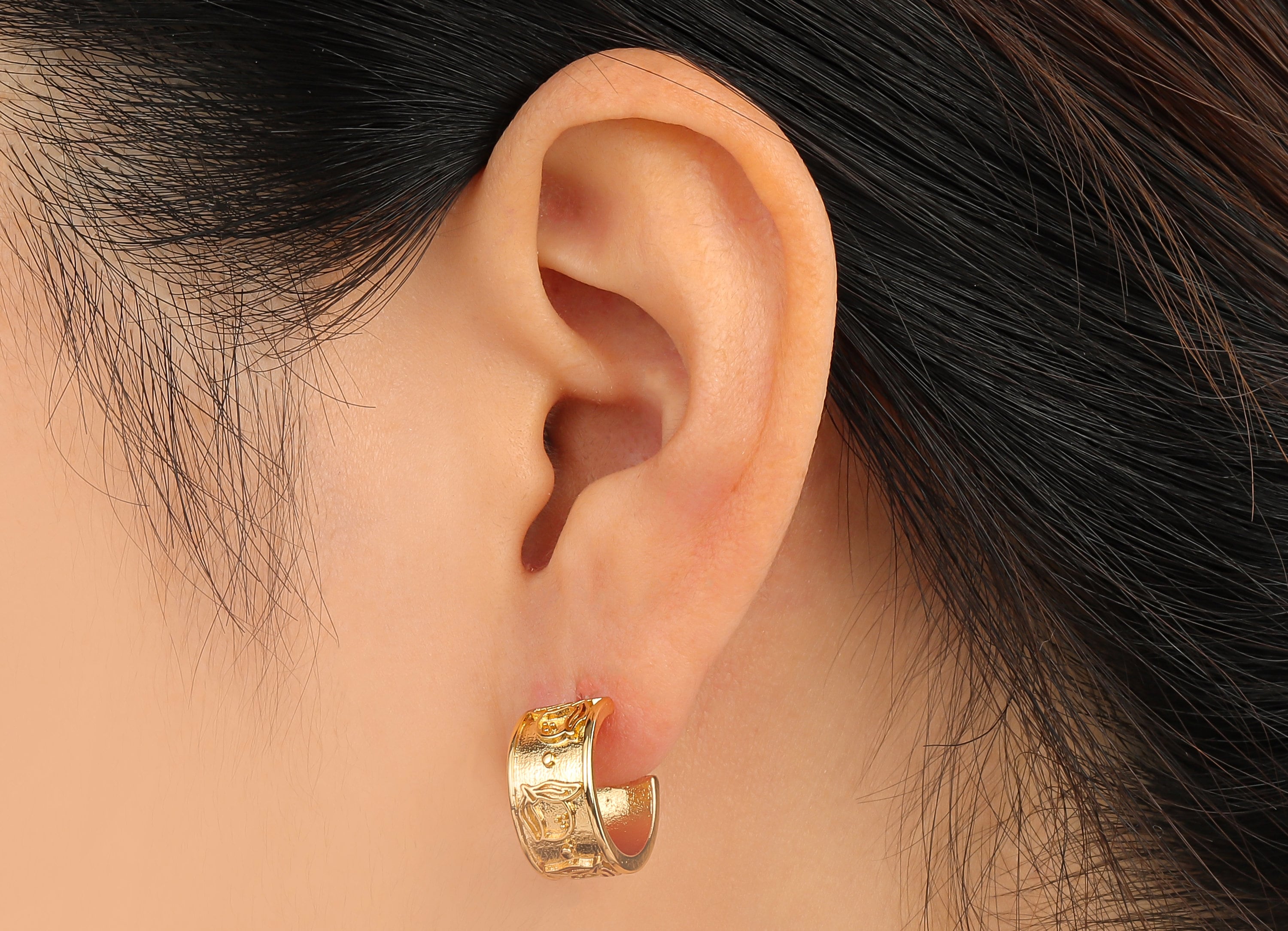 Gold Thick Hoop Earring - Bass Flower Hoop Earring - 18K Real Gold Plated Brass Posts - Imitation Silver Stud -15.1x7.8x1.6mm - RGP4546 - DOMEDBAZAAR