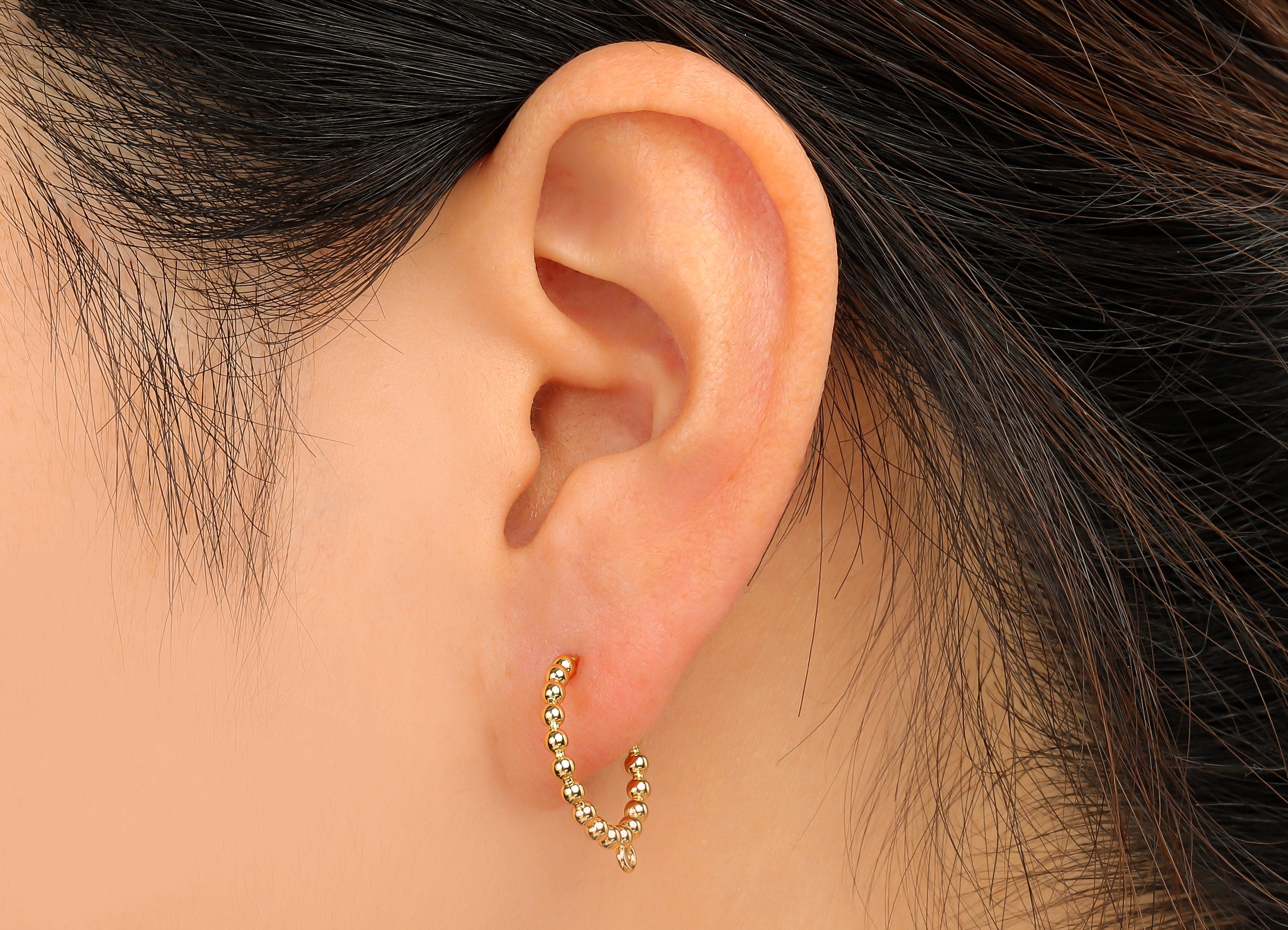 Brass Hoop Earring - Gold Balls Hoop Earrings With Loop - Imitation Silver Stud - 18K Real Gold Plated Brass - Post -15.5x14.6x2.1mm-RGP4550 - DOMEDBAZAAR