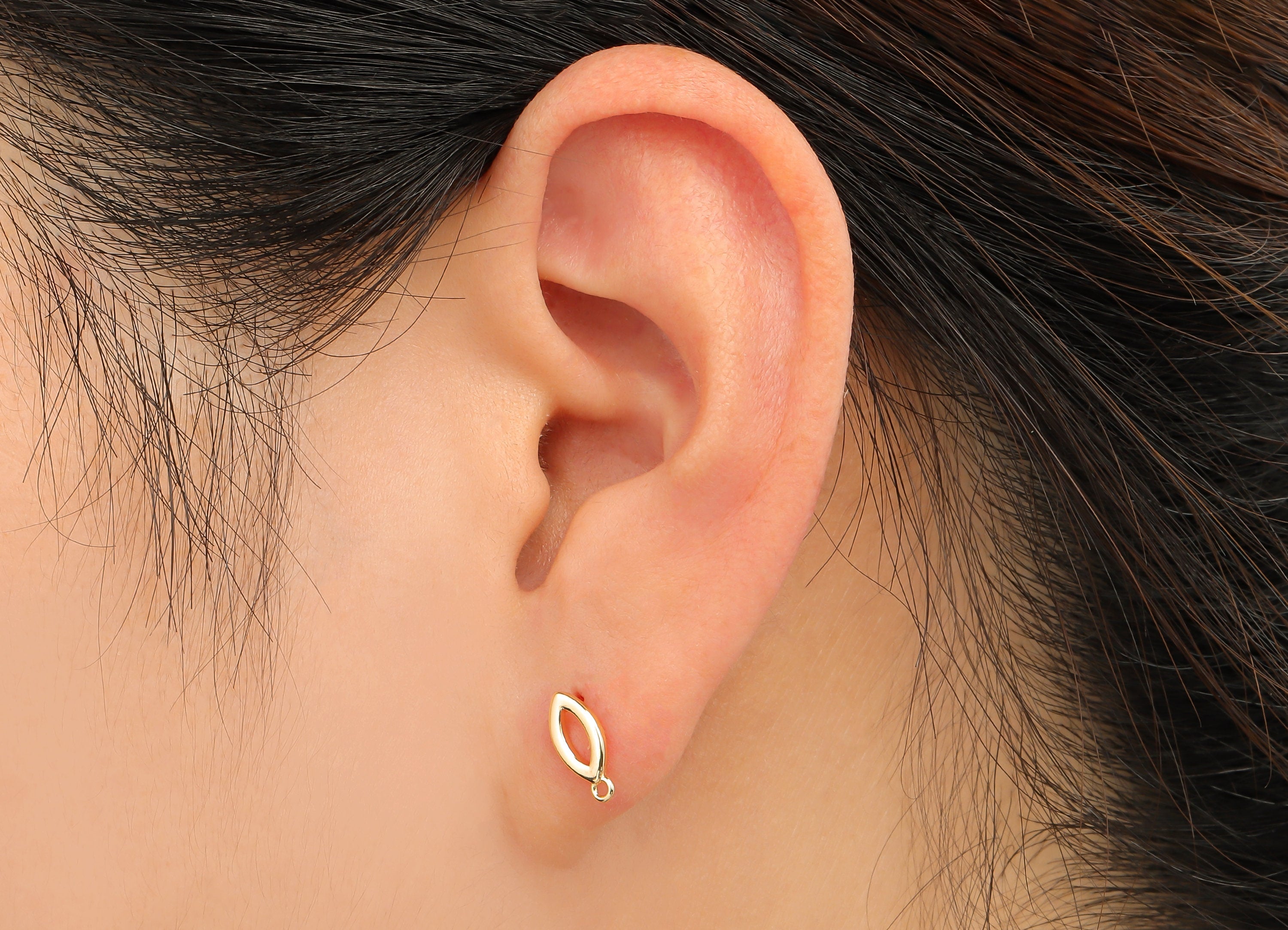 Brass Marquise Stud Earrings - Marquise Earrings Posts With Loop - Stainless Steel Stud - 18K Real Gold Plating - 10.07x4.47x1mm - RGP4699 - DOMEDBAZAAR