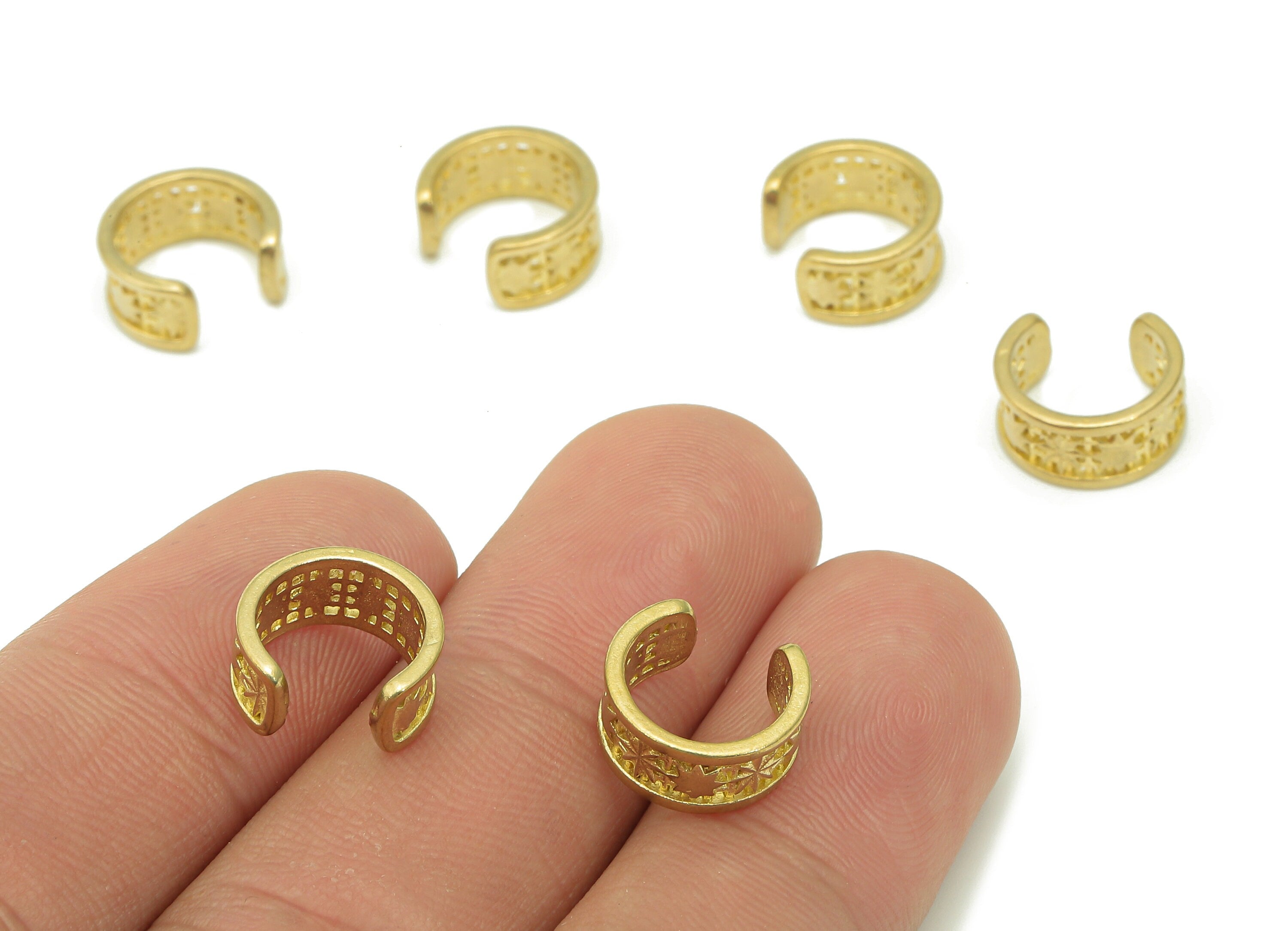Brass Open Round C Ring - Raw Brass Circle Cuff Ear - Hoop Hollow Ear Clip - Wide Star Textured Earring Cuff - 11.38x10.39x1.01mm - PP8104 - DOMEDBAZAAR