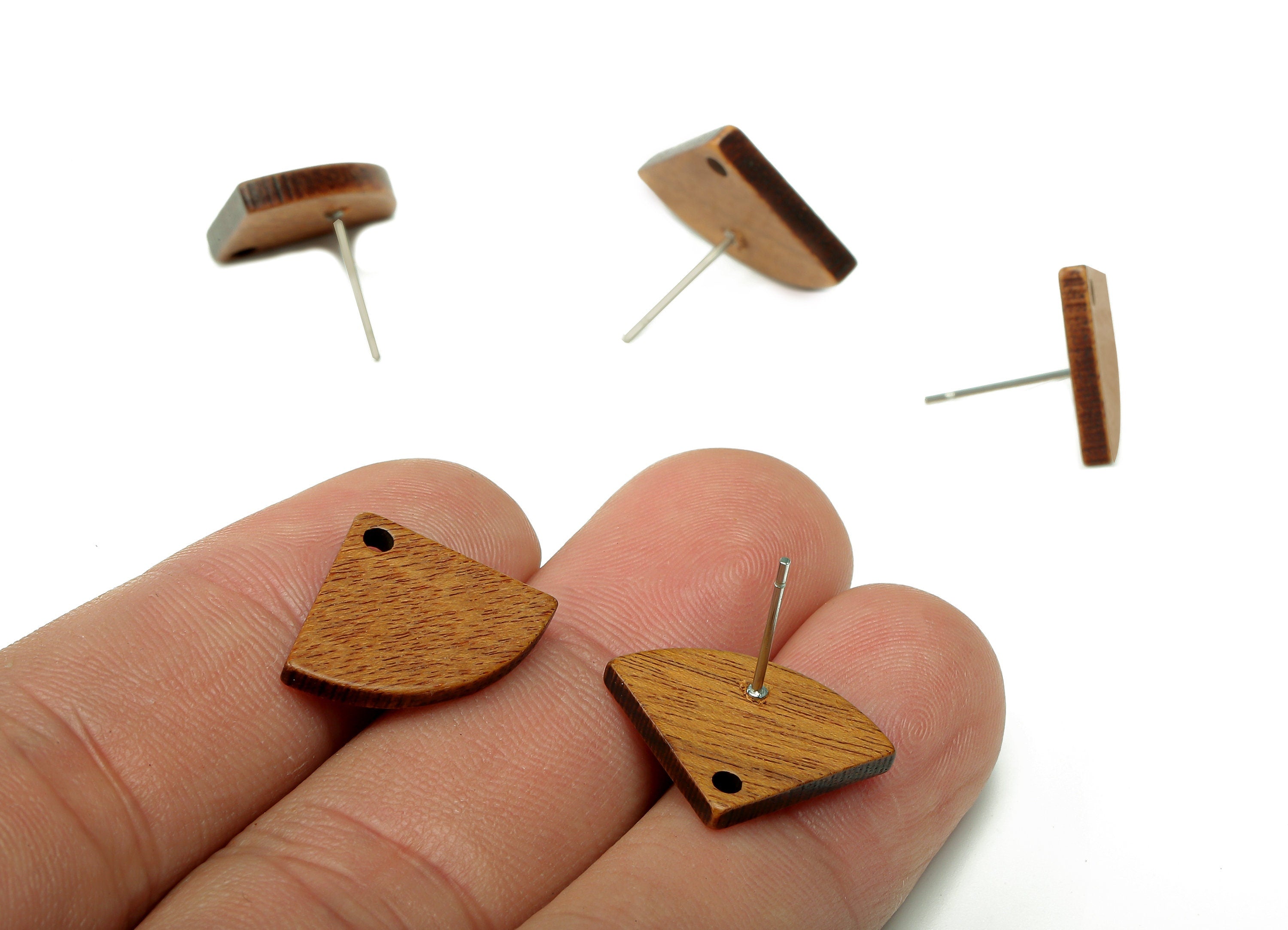 Natural Wooden Fan Stud Earring - Walnut Wood Earring Post - Brown Quarter Round Charm - 316 Stainless Steel Stud - 19.4x14.7x2.3mm -BB1289 - DOMEDBAZAAR