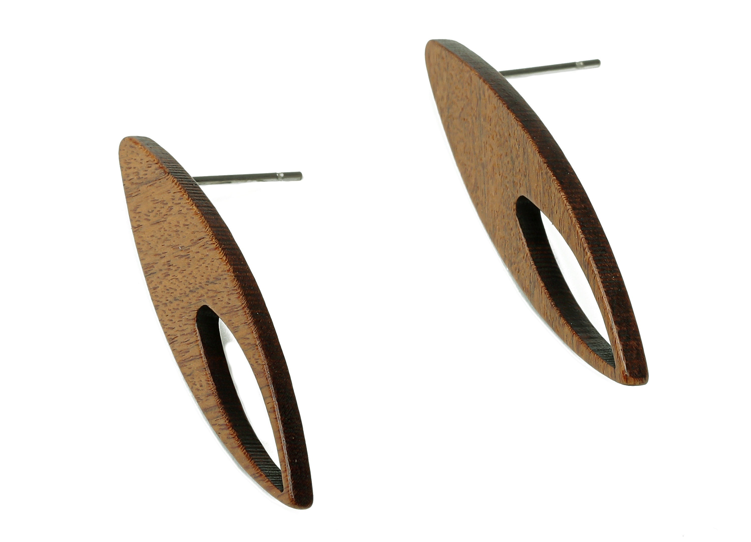 Natural Wooden Marquise Stud Earring - Walnut Wood Earring Post - Brown Marquise Charm - 316 Stainless Steel Stud - 36.4x8.9x2mm - BB1292 - DOMEDBAZAAR