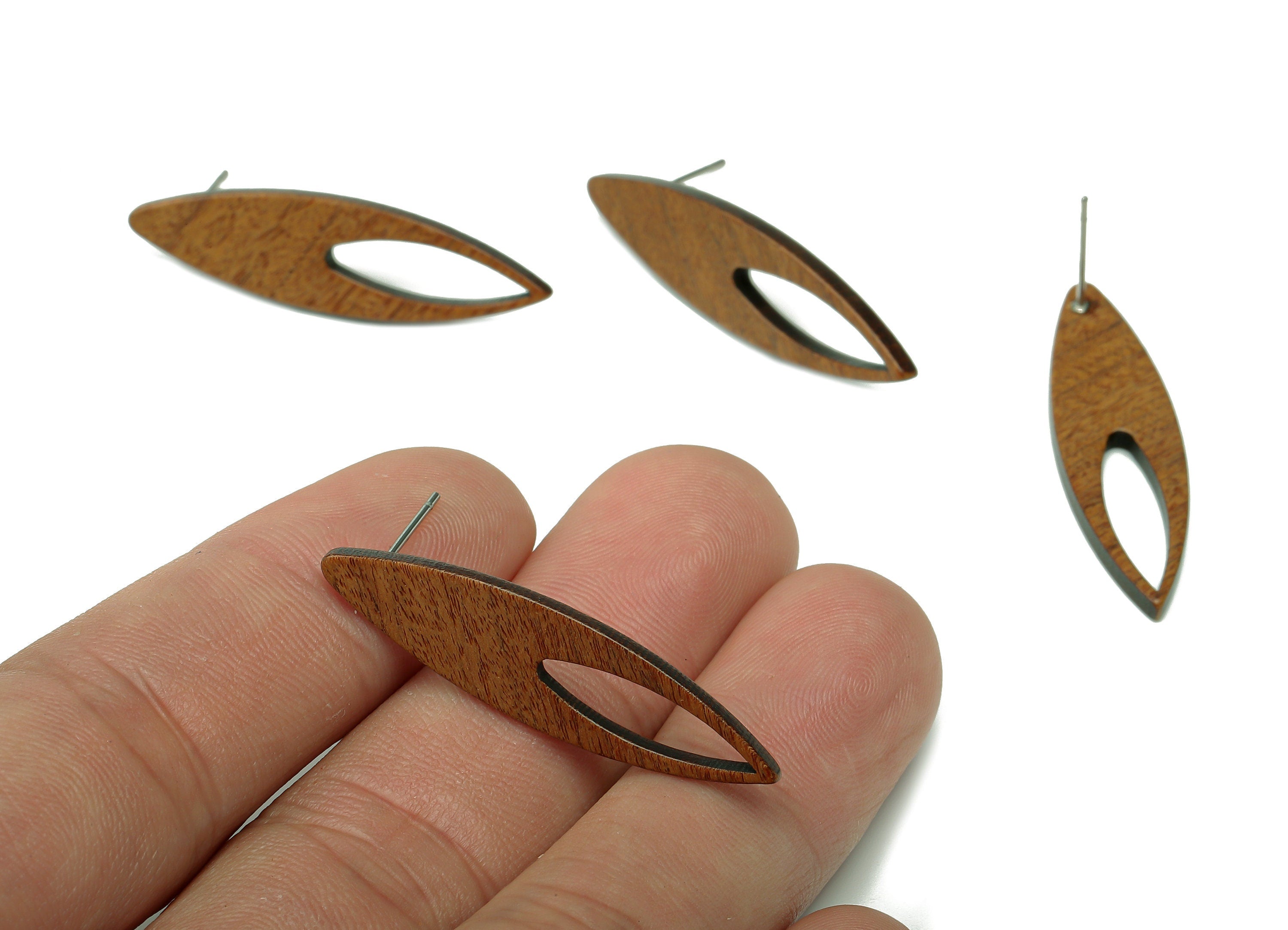 Natural Wooden Marquise Stud Earring - Walnut Wood Earring Post - Brown Marquise Charm - 316 Stainless Steel Stud - 36.4x8.9x2mm - BB1292 - DOMEDBAZAAR