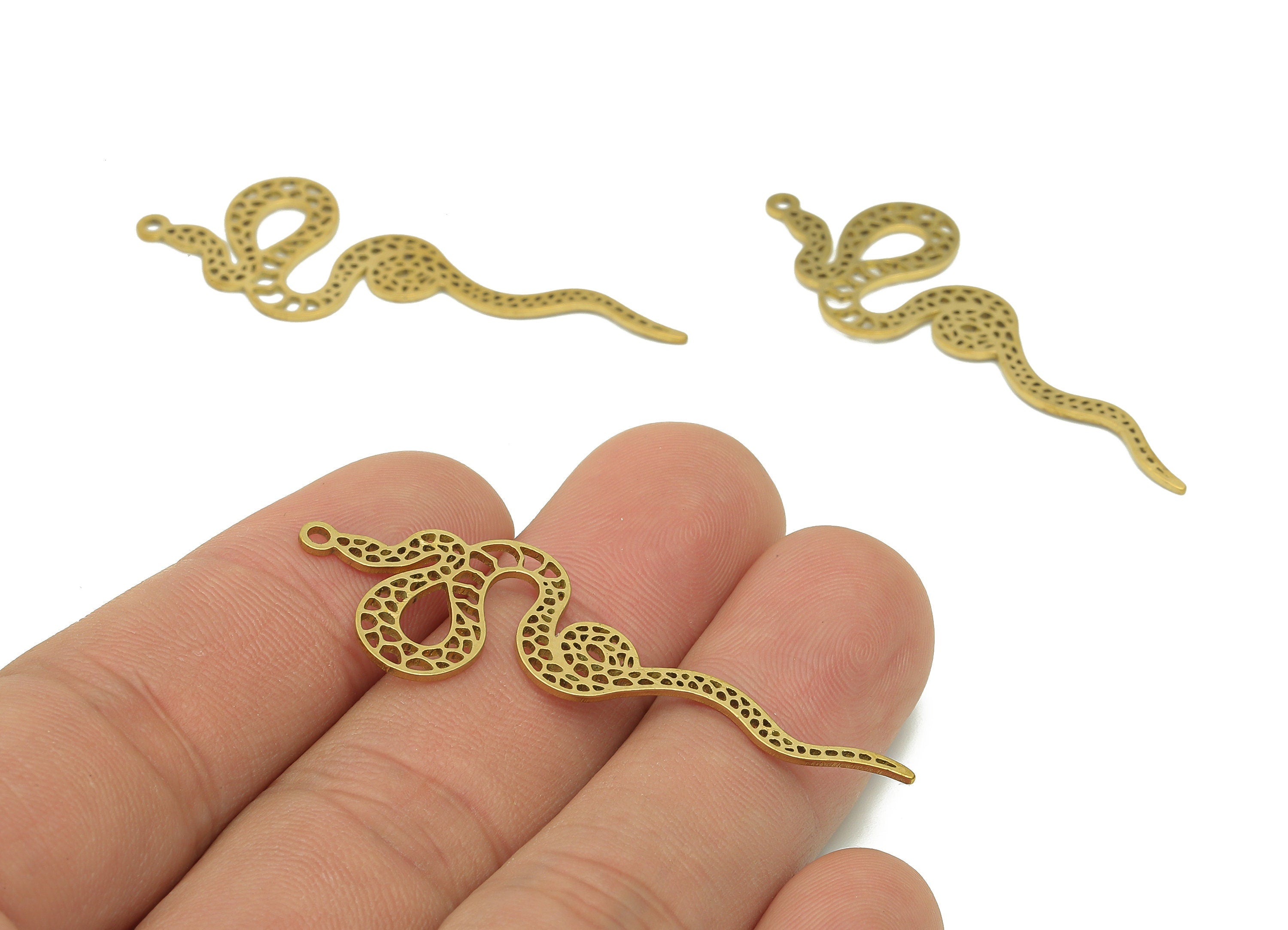 Brass Snake Dots Earring Charms - Raw Brass Snake Cutout Earring - Pendant With Loop - Hollow Snake Charm - 49.6x15.2x0.8mm - PPZ0192 - DOMEDBAZAAR