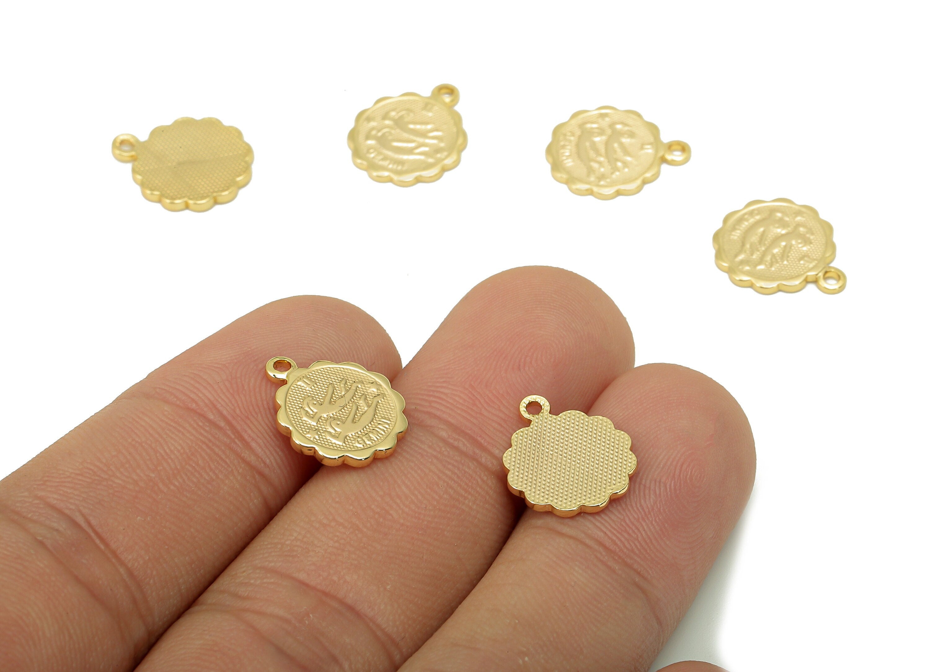 Brass Gemini Round Earring Charm - Horoscopes Necklace With Loop - Zodiac Coin Pendant - 18K Real Gold Plating - 14.1x11.4x1mm - RGP5504F - DOMEDBAZAAR