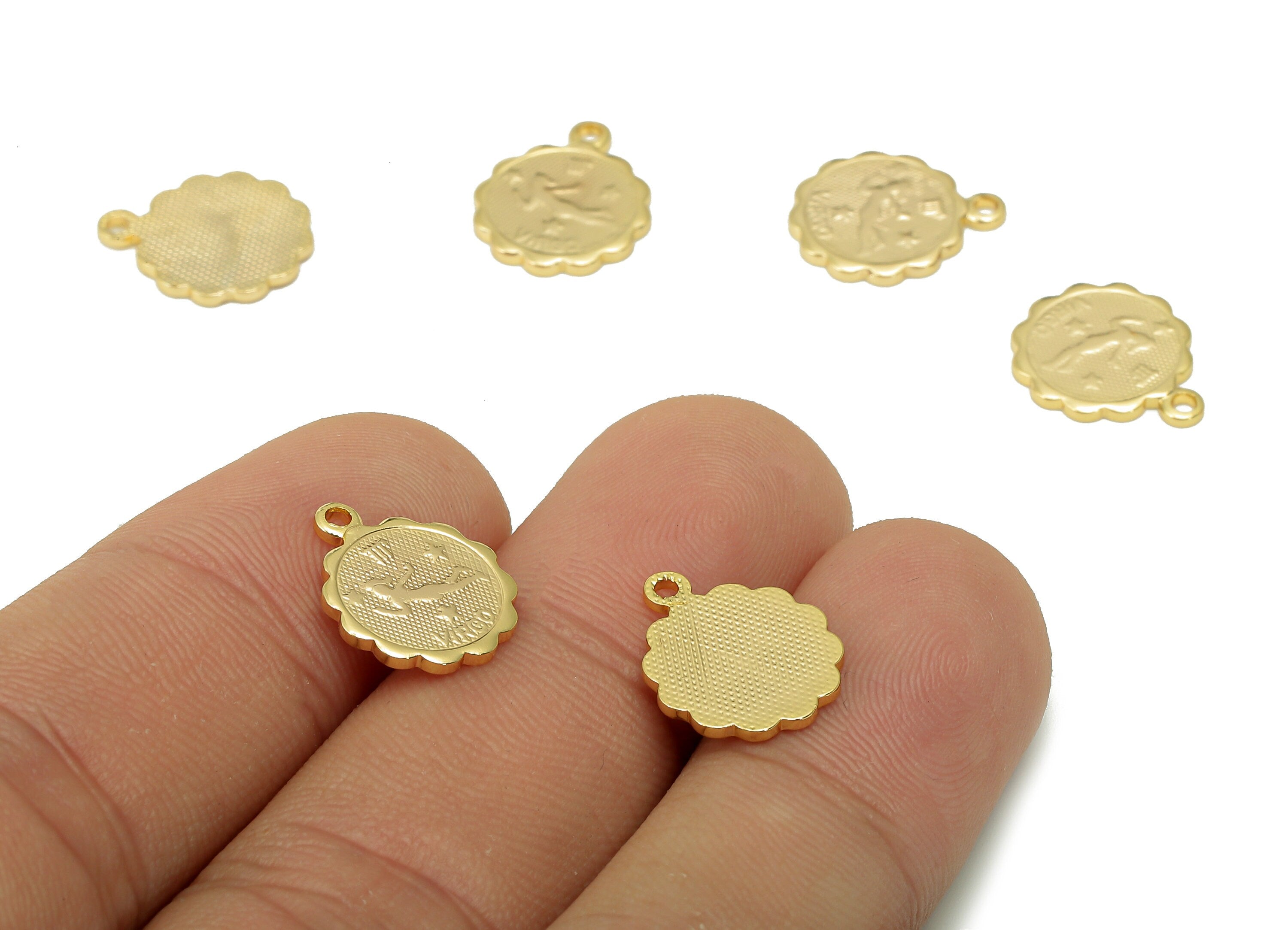 Brass Virgo Round Earring Charm - Horoscopes Necklace With Loop - Zodiac Coin Pendant - 18K Real Gold Plating - 14.1x11.4x1mm - RGP5504G - DOMEDBAZAAR