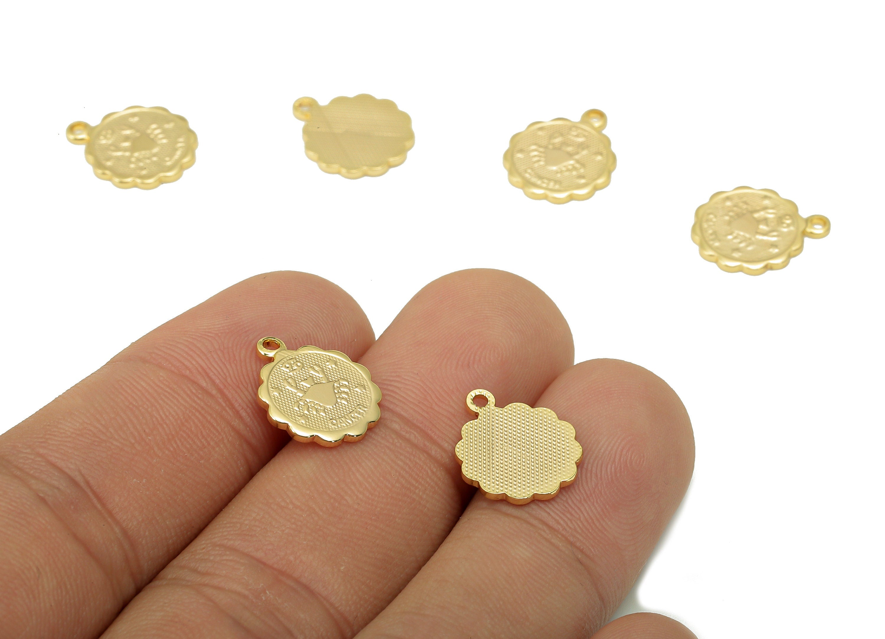 Brass Cancer Round Earring Charm - Horoscopes Necklace With Loop - Zodiac Coin Pendant - 18K Real Gold Plating - 14.1x11.4x1mm - RGP5504J - DOMEDBAZAAR