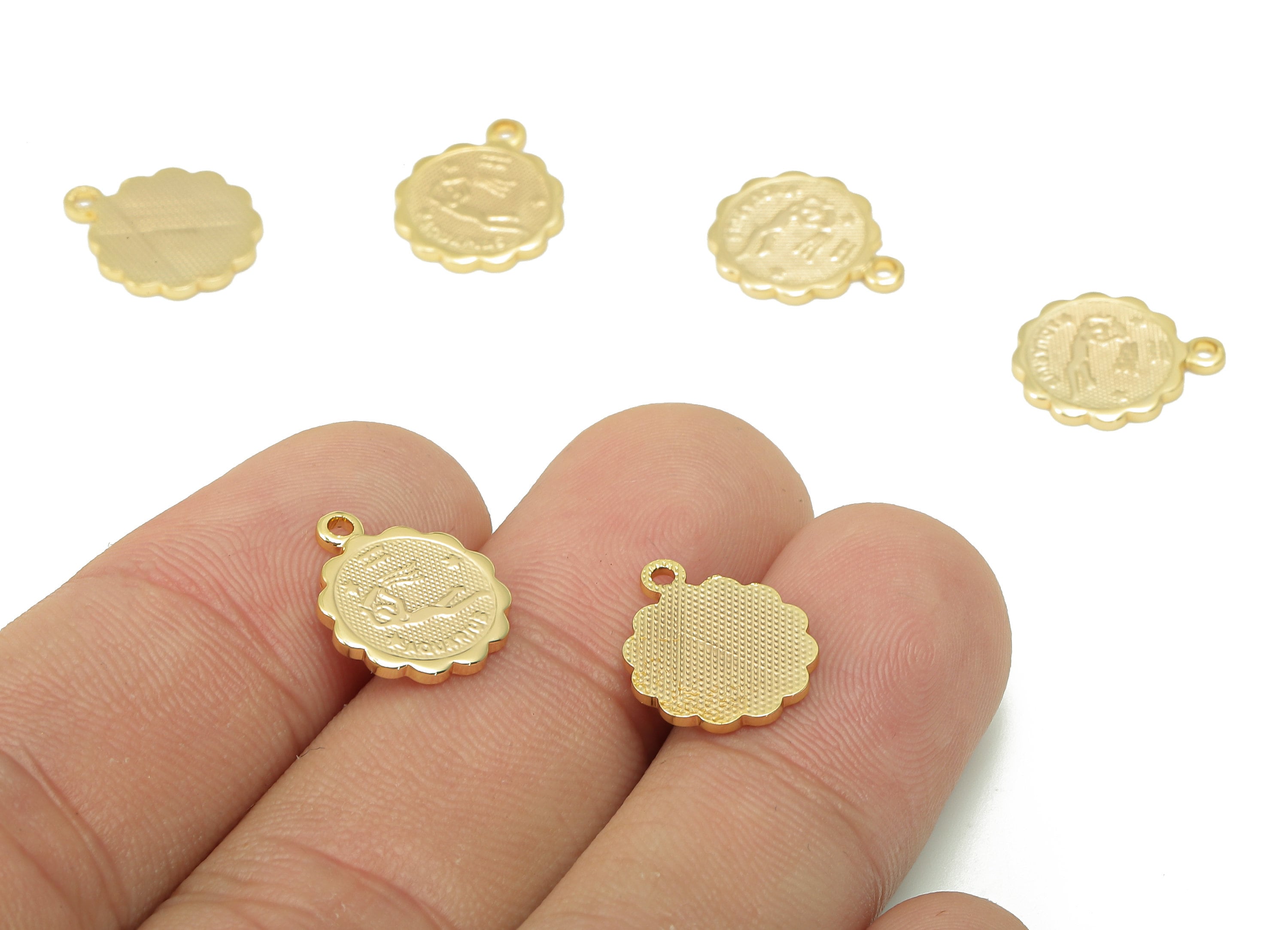 Brass Aquarius Round Earring Charm - Horoscopes Necklace With Loop - Zodiac Coin Pendant - 18K Real Gold Plating - 14.1x11.4x1mm - RGP5504M - DOMEDBAZAAR