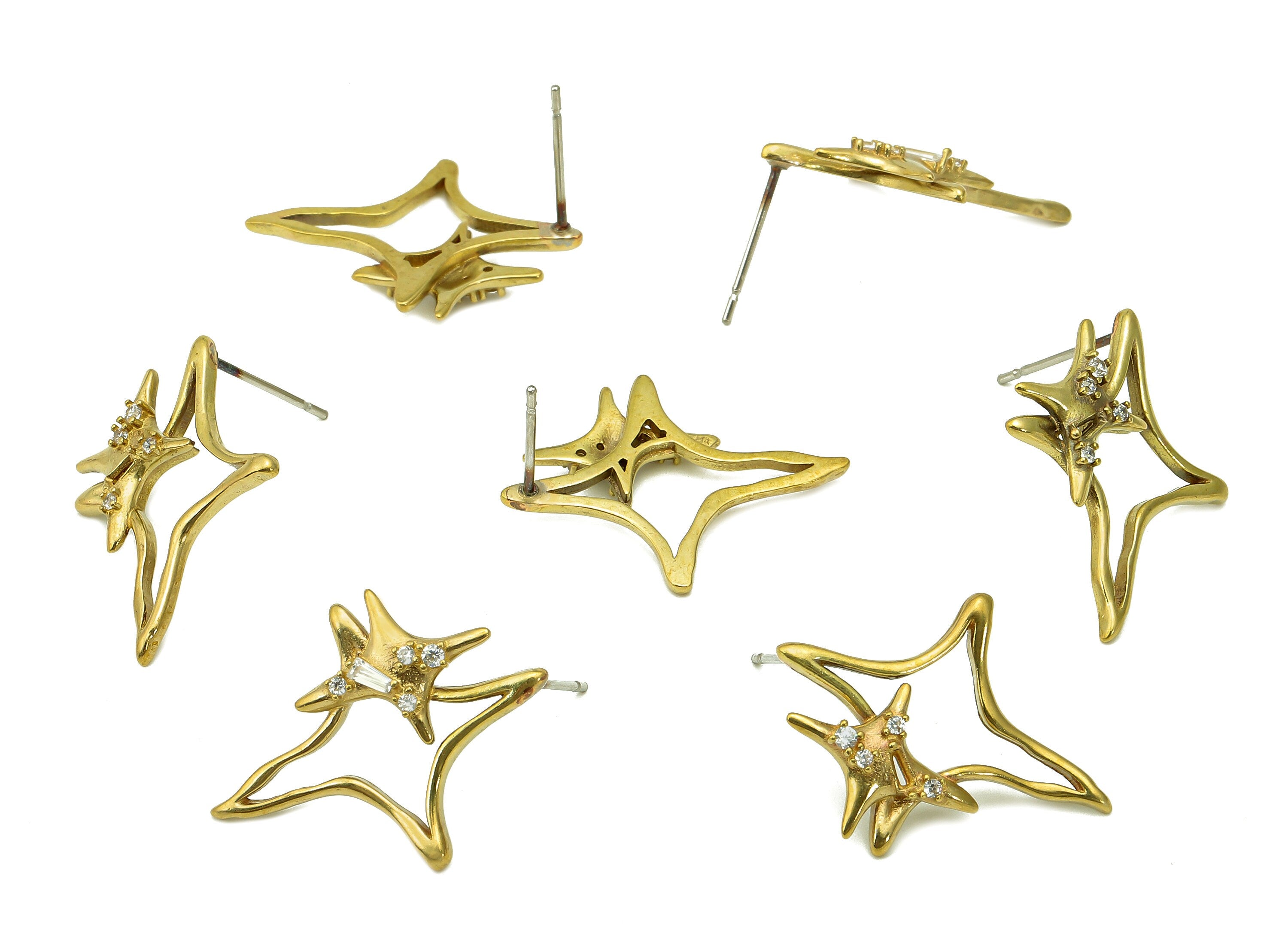 Brass Zircon Planet Earrings Stud - Raw Brass North Star Earring Post - Hollow Stud Earring - 316 Stainless Steel - 24.3x18.9x3.1mm - PP8121 - DOMEDBAZAAR