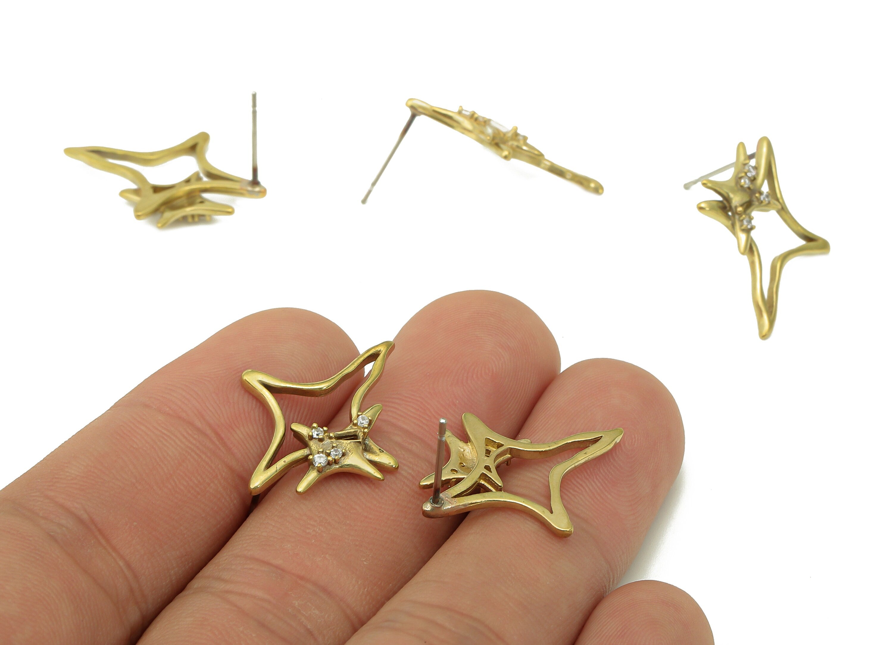 Brass Zircon Planet Earrings Stud - Raw Brass North Star Earring Post - Hollow Stud Earring - 316 Stainless Steel - 24.3x18.9x3.1mm - PP8121 - DOMEDBAZAAR
