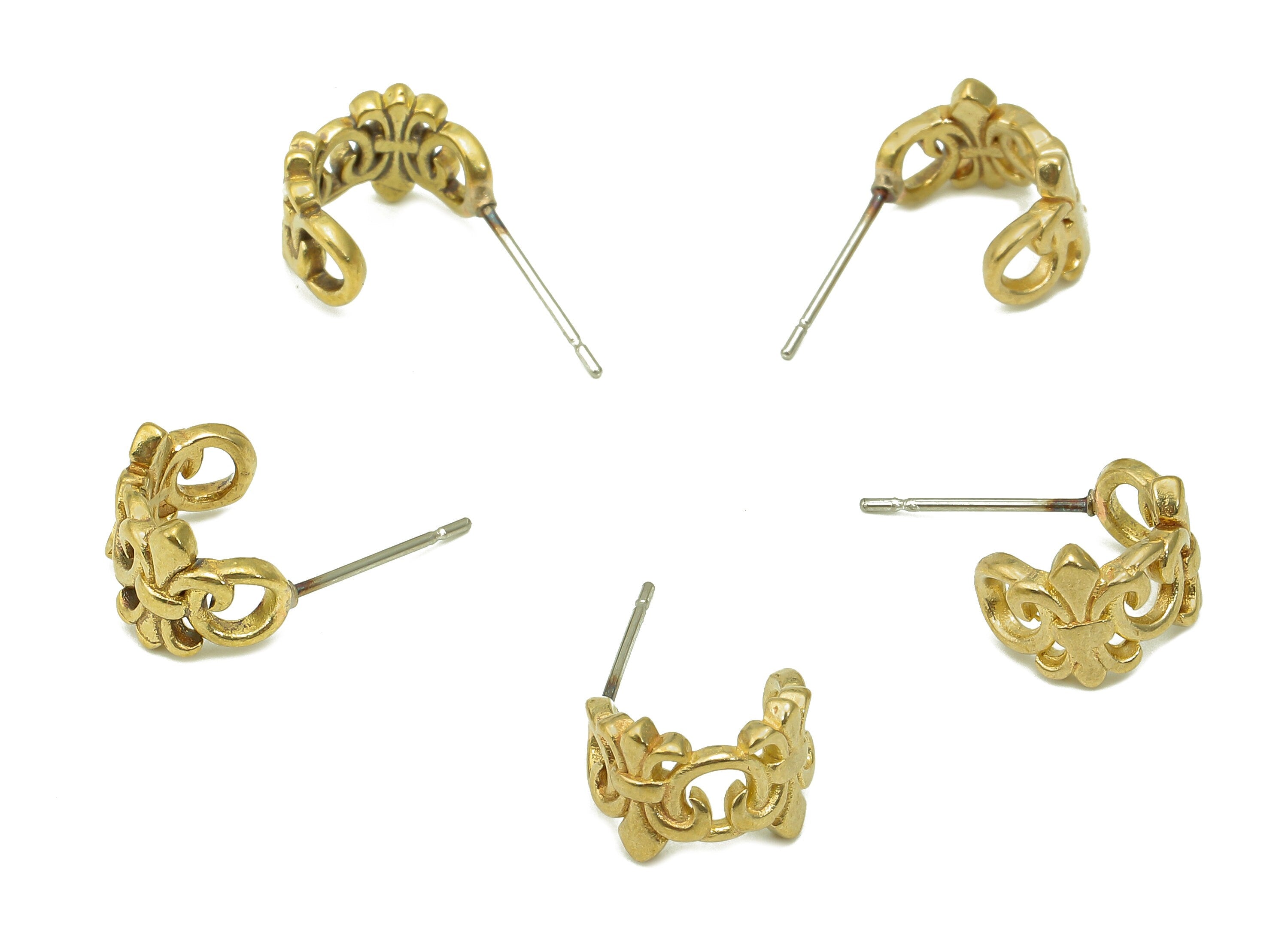 Brass Pattern Hoop Earrings Stud - Raw Brass Coronet Earring Post - Crown Stud Earring - 316 Stainless Steel - 10.7x8.39x1.76mm - PP8124 - DOMEDBAZAAR