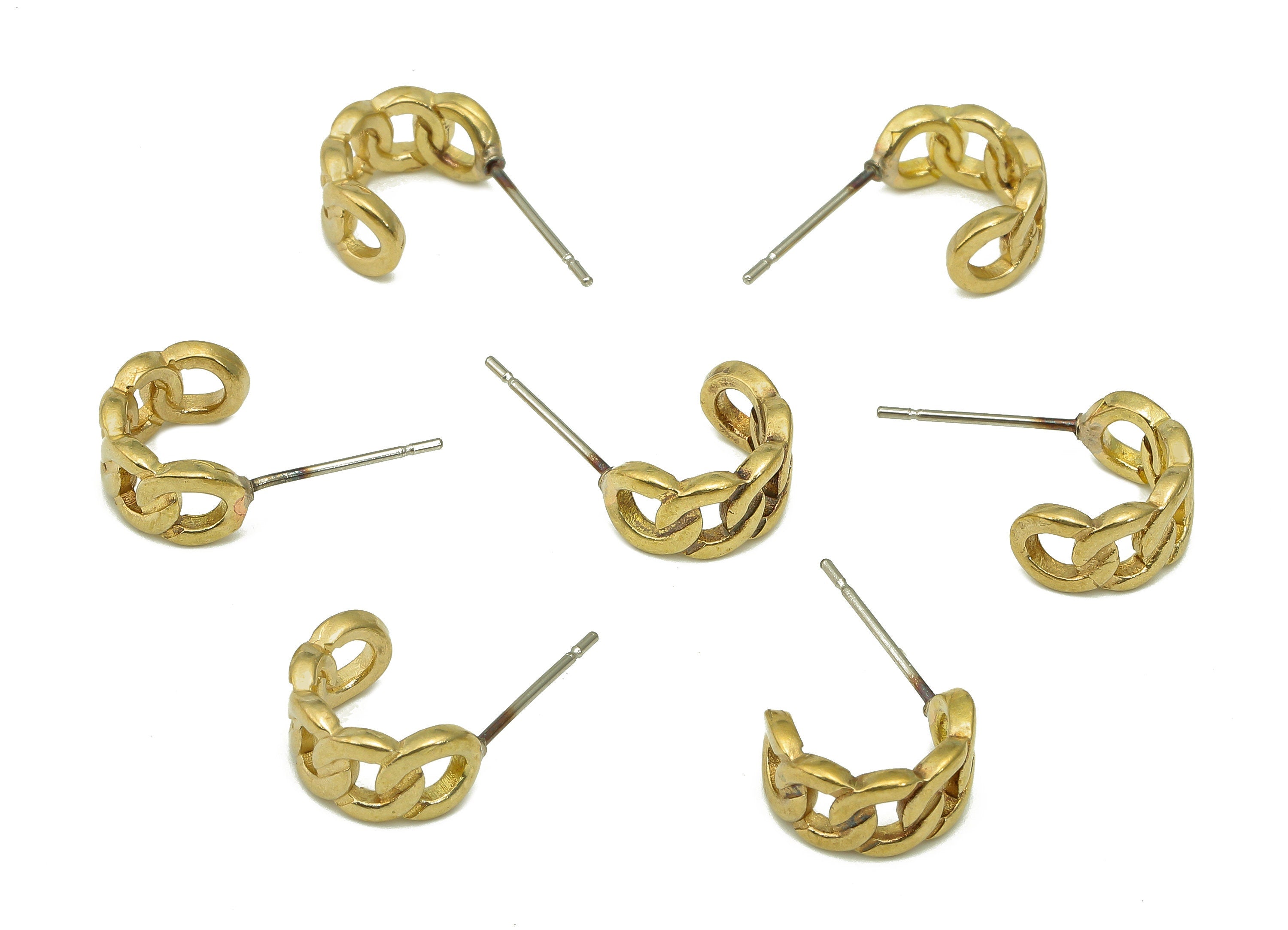 Brass Curb Chain Hoop Earrings Stud - Raw Brass Round C Earring Post - Hoop Hollow Stud Ear- 316 Stainless Steel - 11.4x8.5x1.6mm - PP8125 - DOMEDBAZAAR