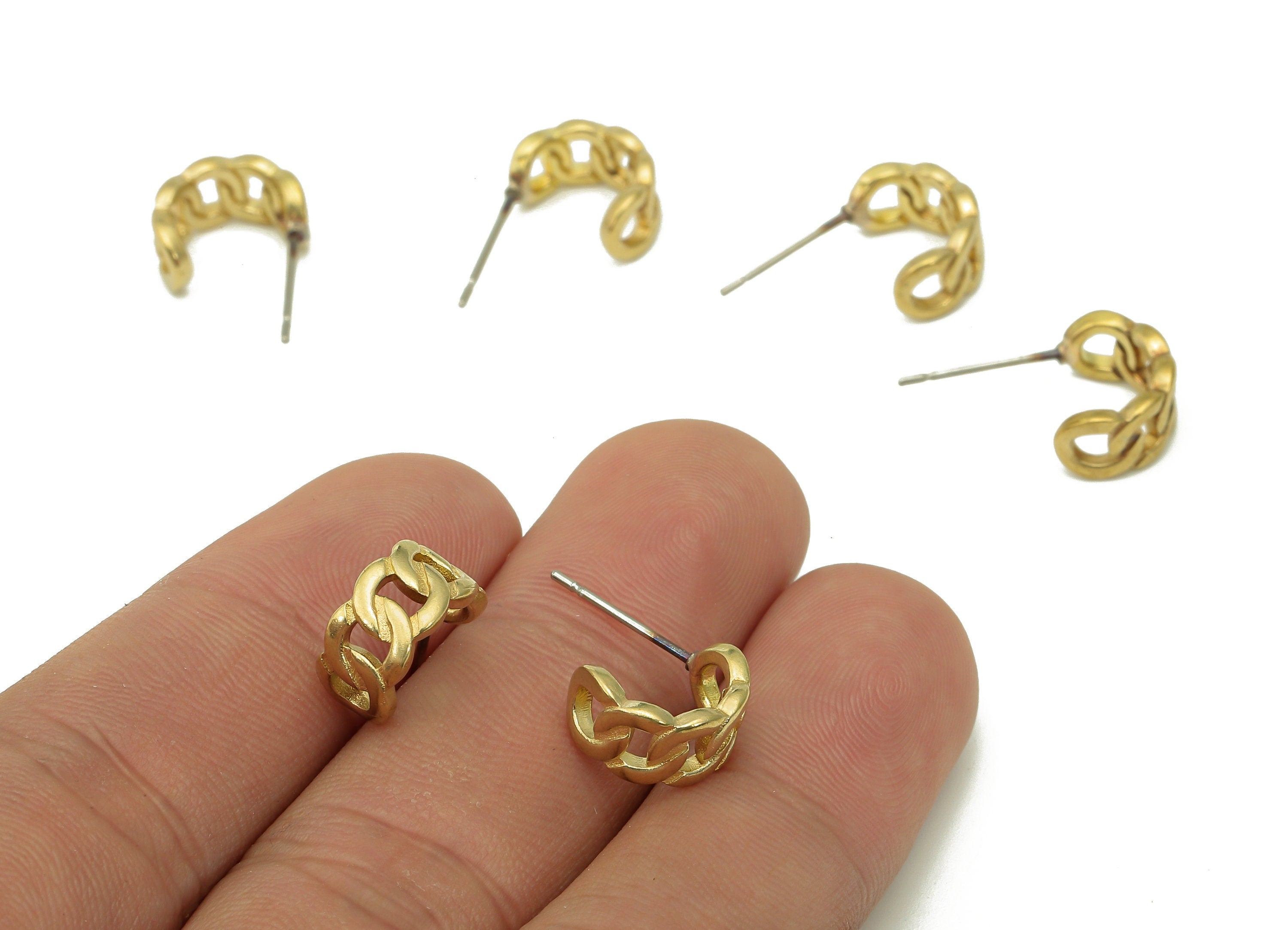 Brass Curb Chain Hoop Earrings Stud - Raw Brass Round C Earring Post - Hoop Hollow Stud Ear- 316 Stainless Steel - 11.4x8.5x1.6mm - PP8125 - DOMEDBAZAAR