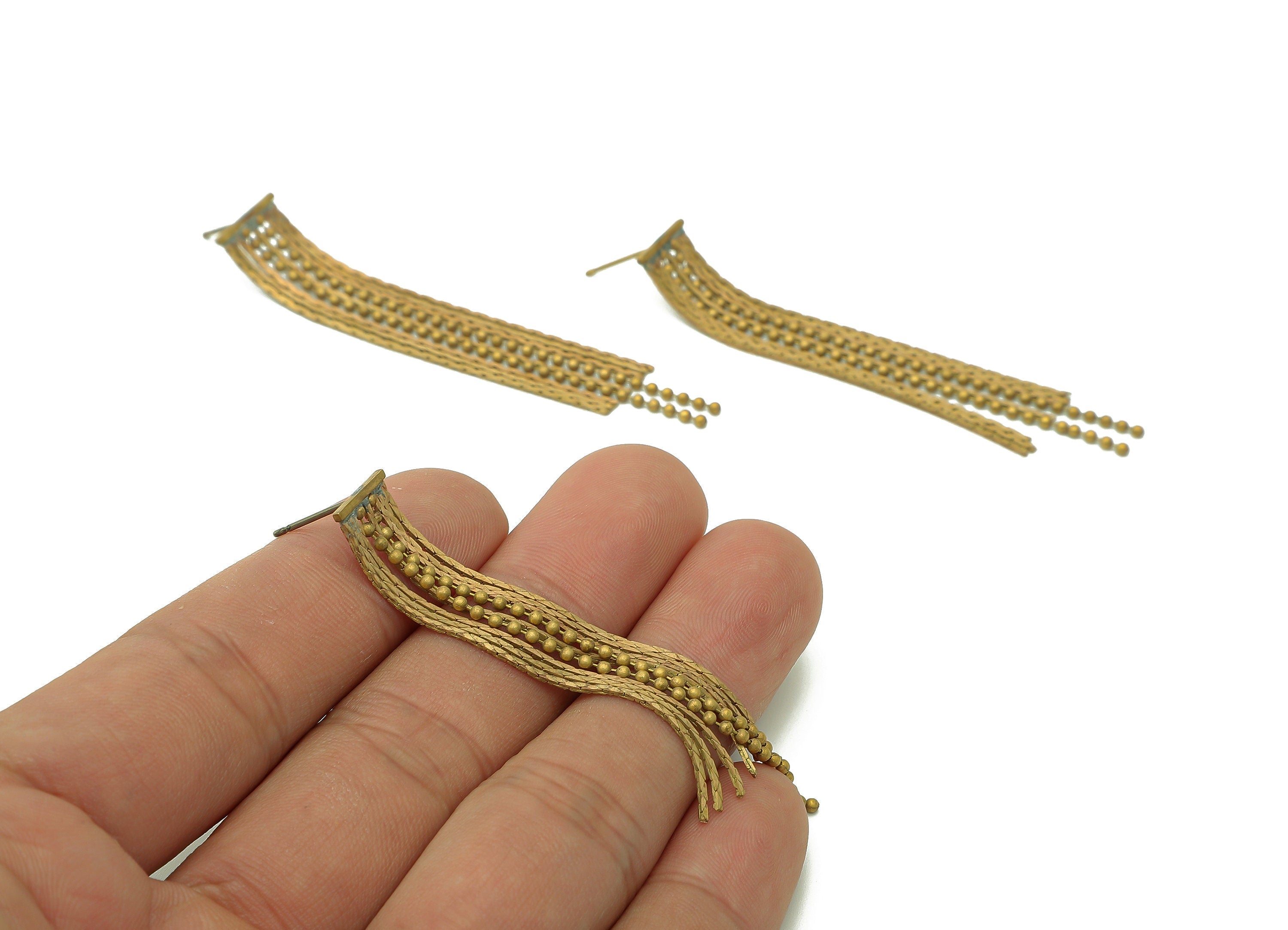 Brass Ball Chain Earring Stud - Raw Brass Tassel Earring Post - Long Tassel Snake Chain Earring - Brass Stud Earring - 64.7x10x0.9mm -PP8024 - DOMEDBAZAAR