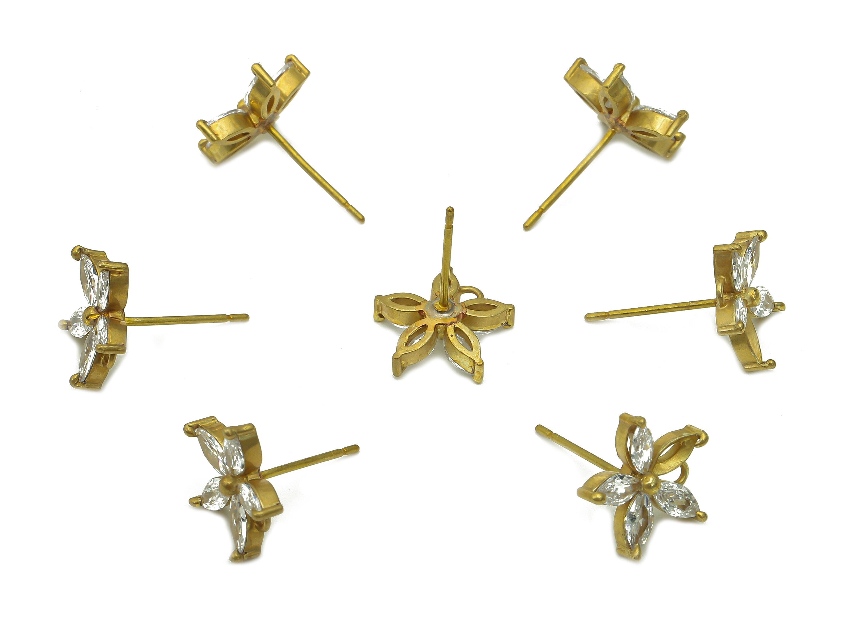 Brass Zircon Flower Earrings Stud - Raw Brass Flower Star Earring Post - Botanical Stud Earring - Brass Stud - 11.2x11.2x2.3mm - PP8033 - DOMEDBAZAAR