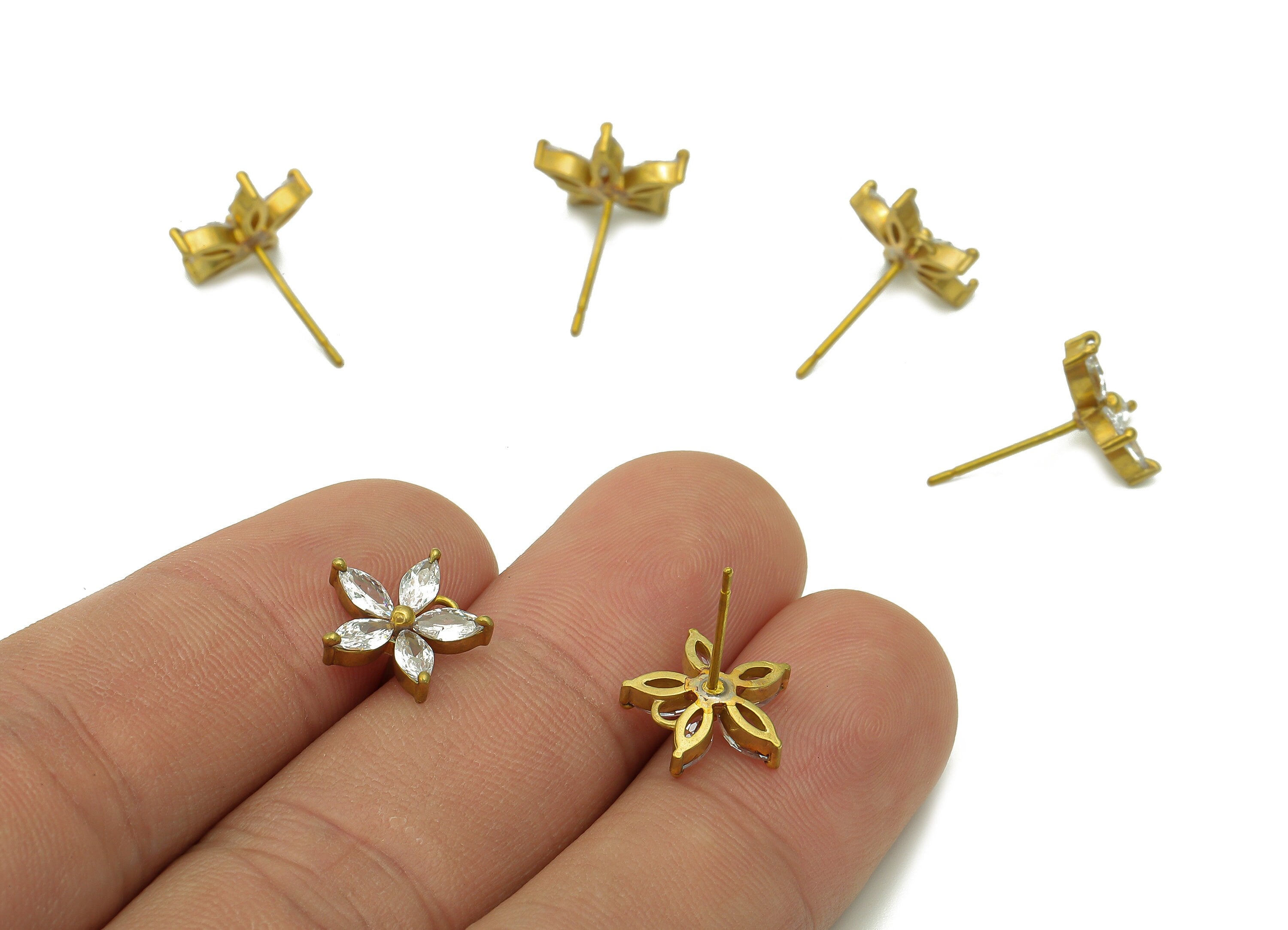 Brass Zircon Flower Earrings Stud - Raw Brass Flower Star Earring Post - Botanical Stud Earring - Brass Stud - 11.2x11.2x2.3mm - PP8033 - DOMEDBAZAAR