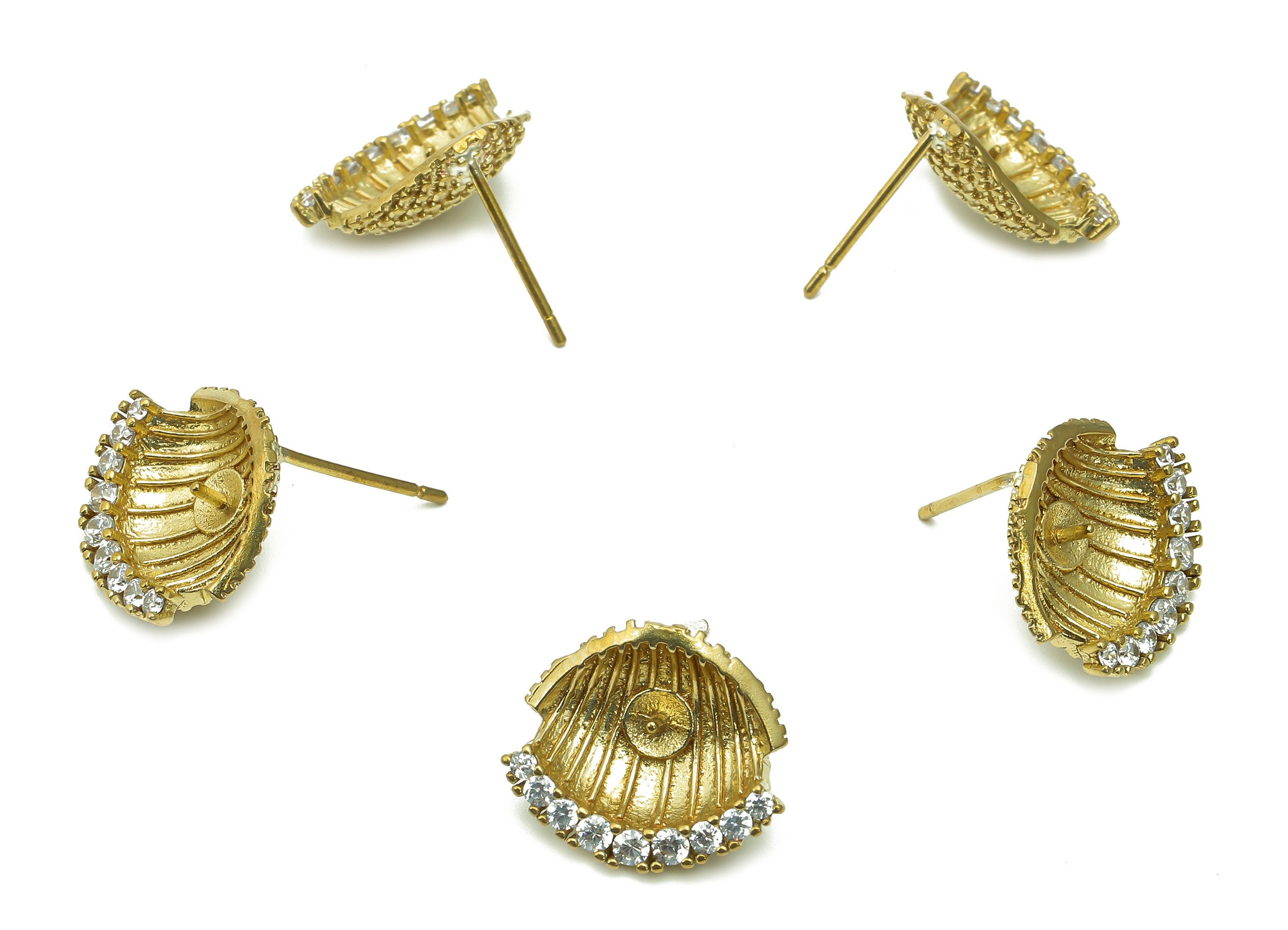 Brass Zircon Eyelash Earrings Stud - Raw Brass Eye Earring Post - Shell Dots Stud Earring - Brass Stud For Pearl - 15.6x13.7x1.5mm - PP8036 - DOMEDBAZAAR