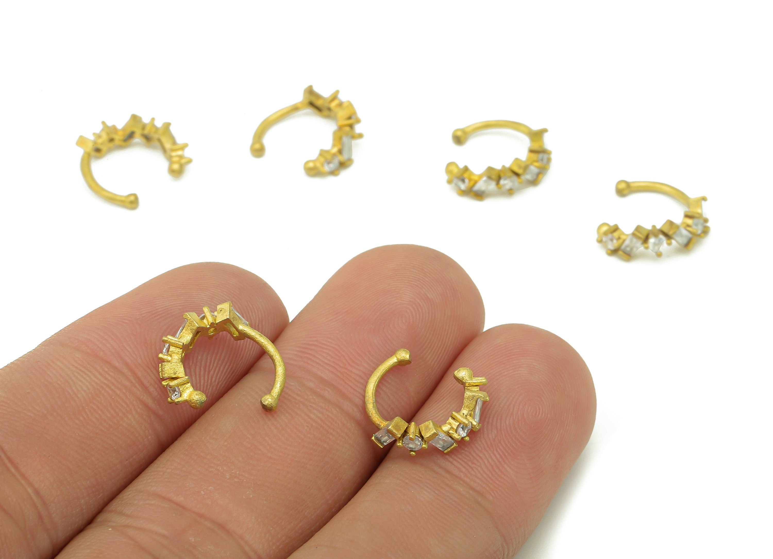 Brass Open Round C Ring - Raw Brass Septum Ring With Zircon - Hollow Hoop Piercing Earrings - Rectangle Zircon - 12.23x11.9x3.8mm - PP8128 - DOMEDBAZAAR