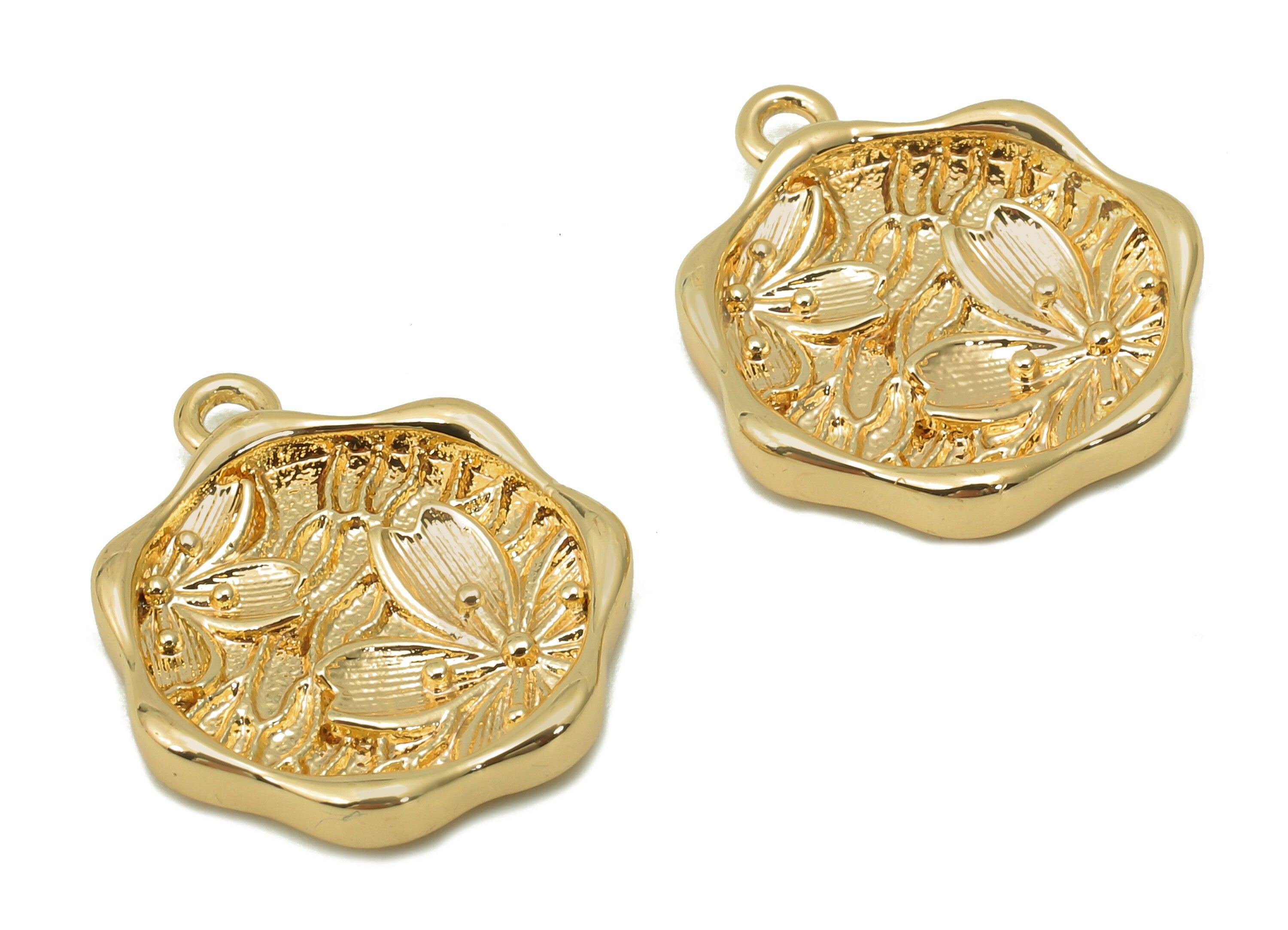 Brass Flower Earring Charm - Gold Lotus Earring - Flower Pendant With Loop - 18K Real Gold Plating Charm - 17.1x14.5x2.3mm - RGP5560 - DOMEDBAZAAR