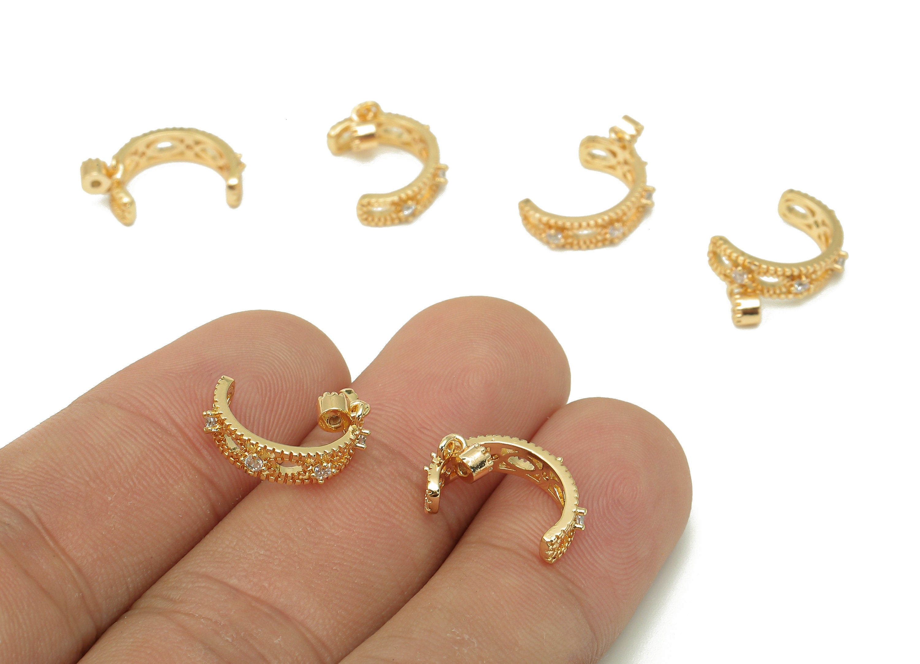 Brass Marquise Open Round Ring - C Earring Charm With Zircon - Hollow Hoop Ear Clip - 18K Real Gold Plating Charm - 14.9x7x2mm - RGP5544 - DOMEDBAZAAR
