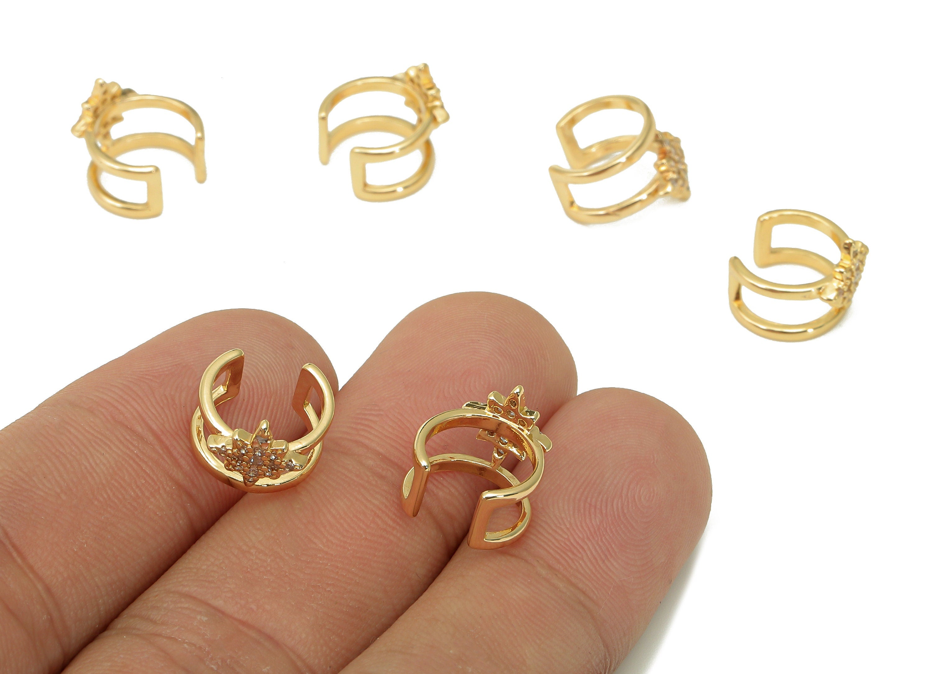 Brass Star Open Round Ring - C Earring Cuff With Zircon - Rectangle Hoop Ear Clip - 18K Real Gold Plating Cuff Ear - 11.9x6.4x1.2mm -RGP5545 - DOMEDBAZAAR