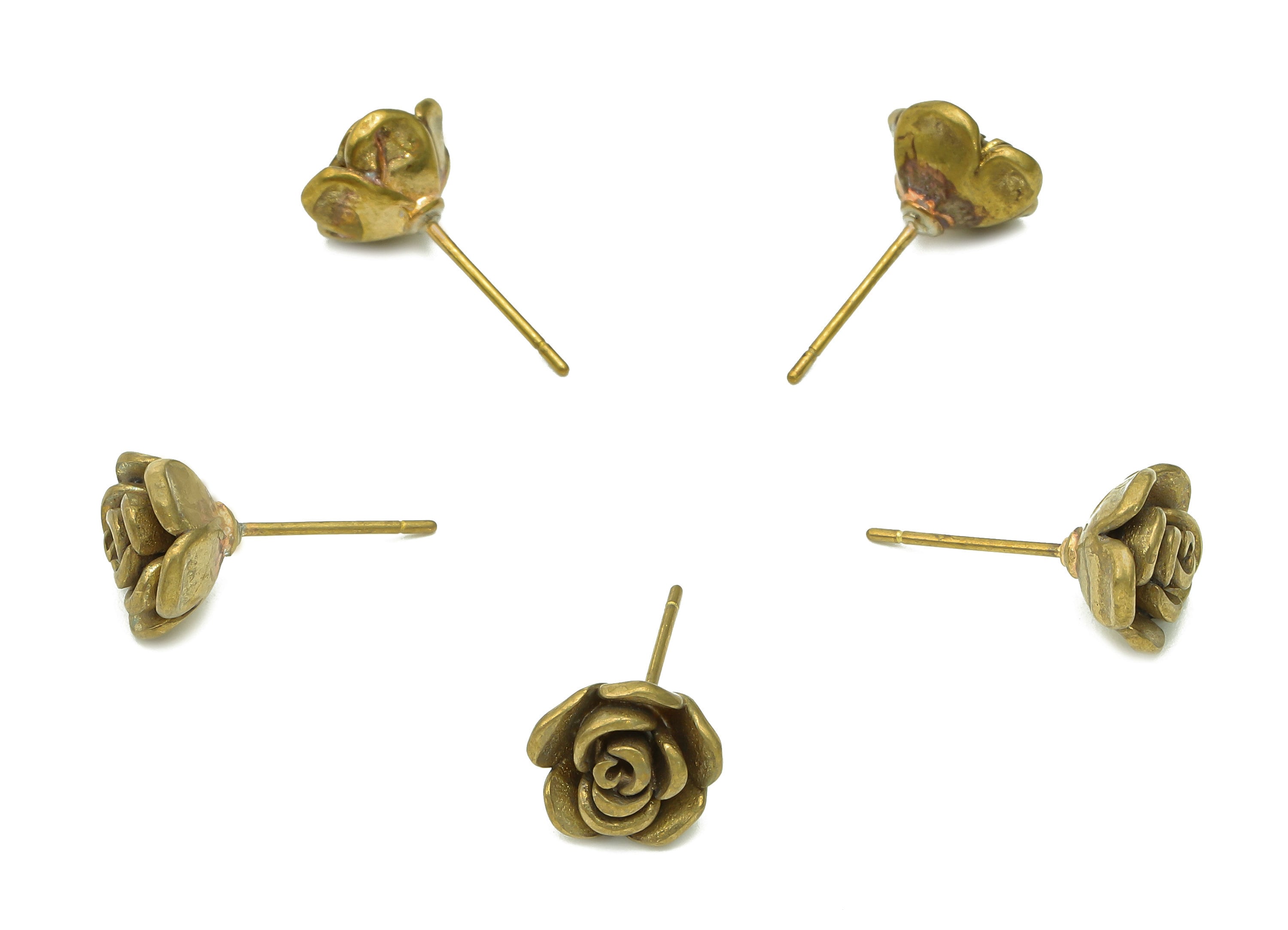 Brass Rose Earrings Stud - Raw Brass Flower Earring Post - Flower Stud Earring - Brass Stud - 9.2x9.2x4.7mm - PP8038 - DOMEDBAZAAR
