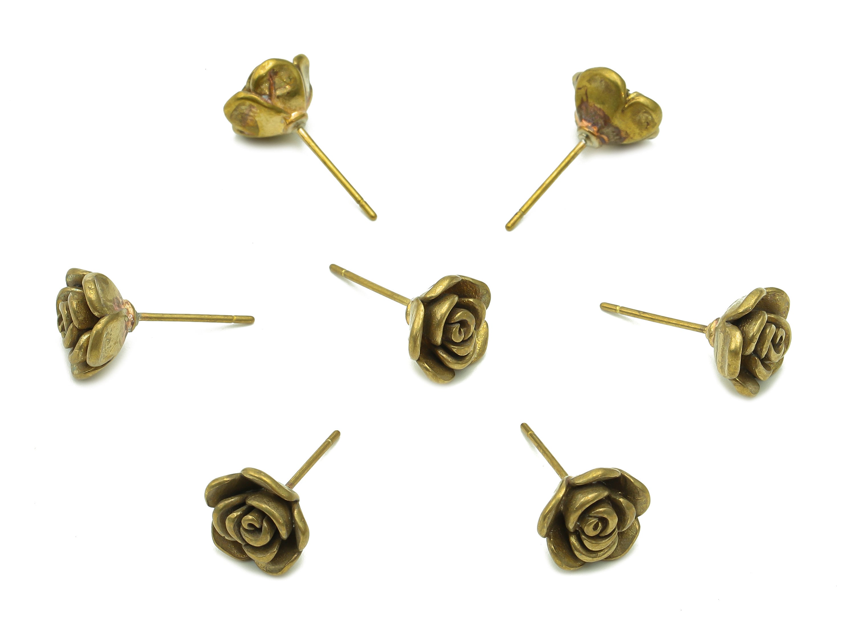 Brass Rose Earrings Stud - Raw Brass Flower Earring Post - Flower Stud Earring - Brass Stud - 9.2x9.2x4.7mm - PP8038 - DOMEDBAZAAR