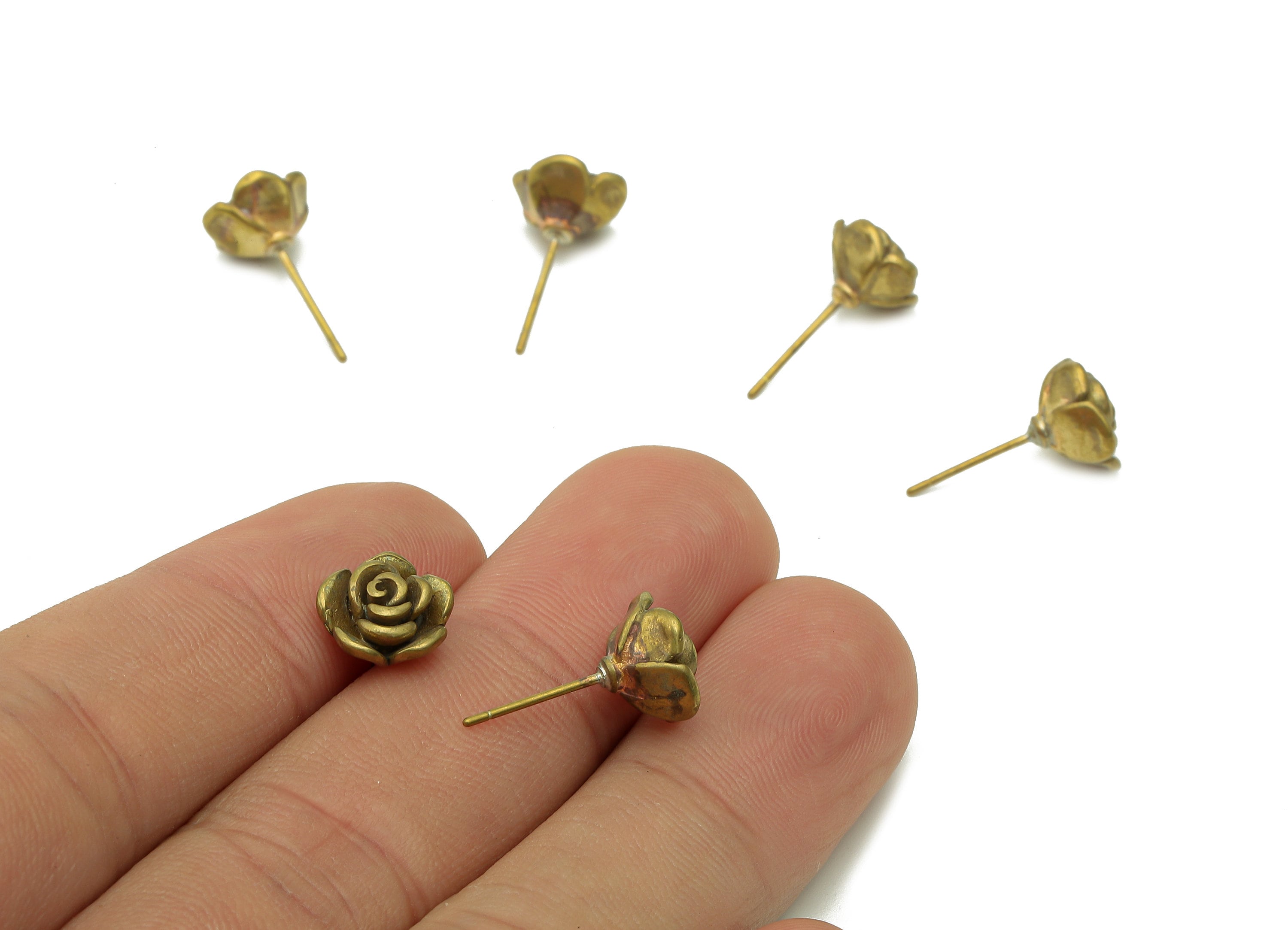 Brass Rose Earrings Stud - Raw Brass Flower Earring Post - Flower Stud Earring - Brass Stud - 9.2x9.2x4.7mm - PP8038 - DOMEDBAZAAR