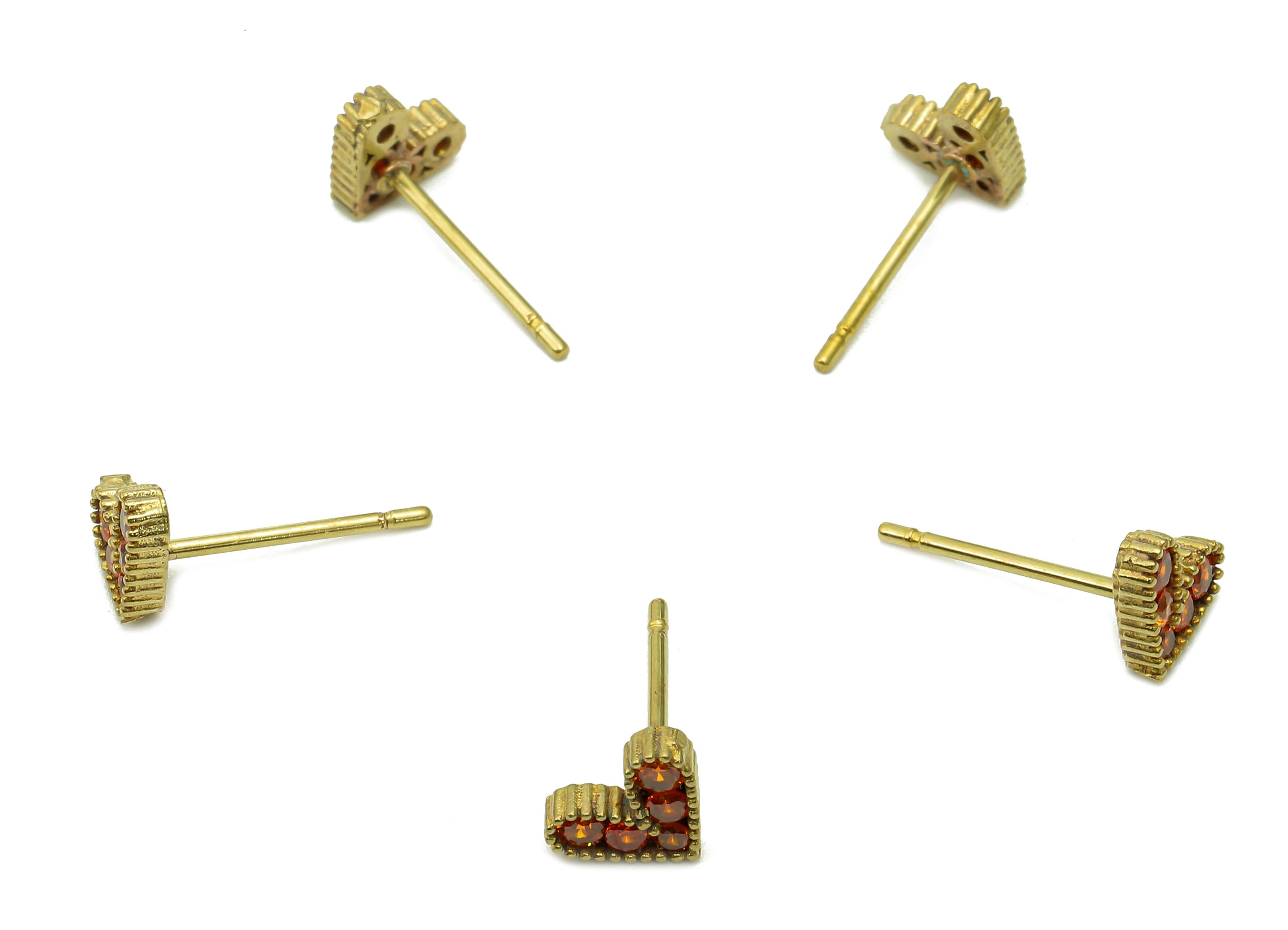 Brass Zircon Heart Earrings Stud - Raw Brass Orange Heart Earring Post - Mini Heart Stud Earring - Brass Stud - 7.4x5.9x1.8mm - PP8054 - DOMEDBAZAAR