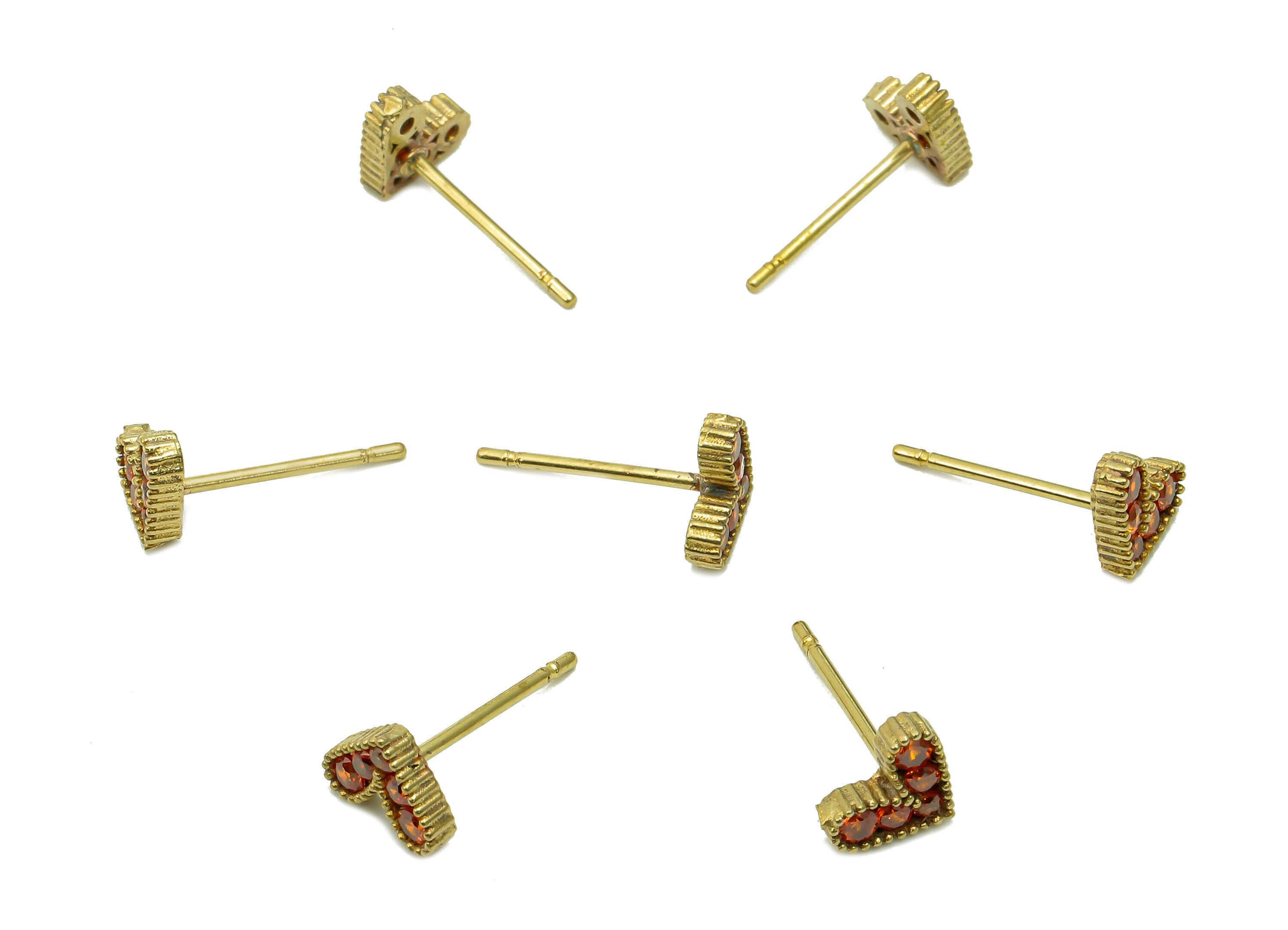 Brass Zircon Heart Earrings Stud - Raw Brass Orange Heart Earring Post - Mini Heart Stud Earring - Brass Stud - 7.4x5.9x1.8mm - PP8054 - DOMEDBAZAAR