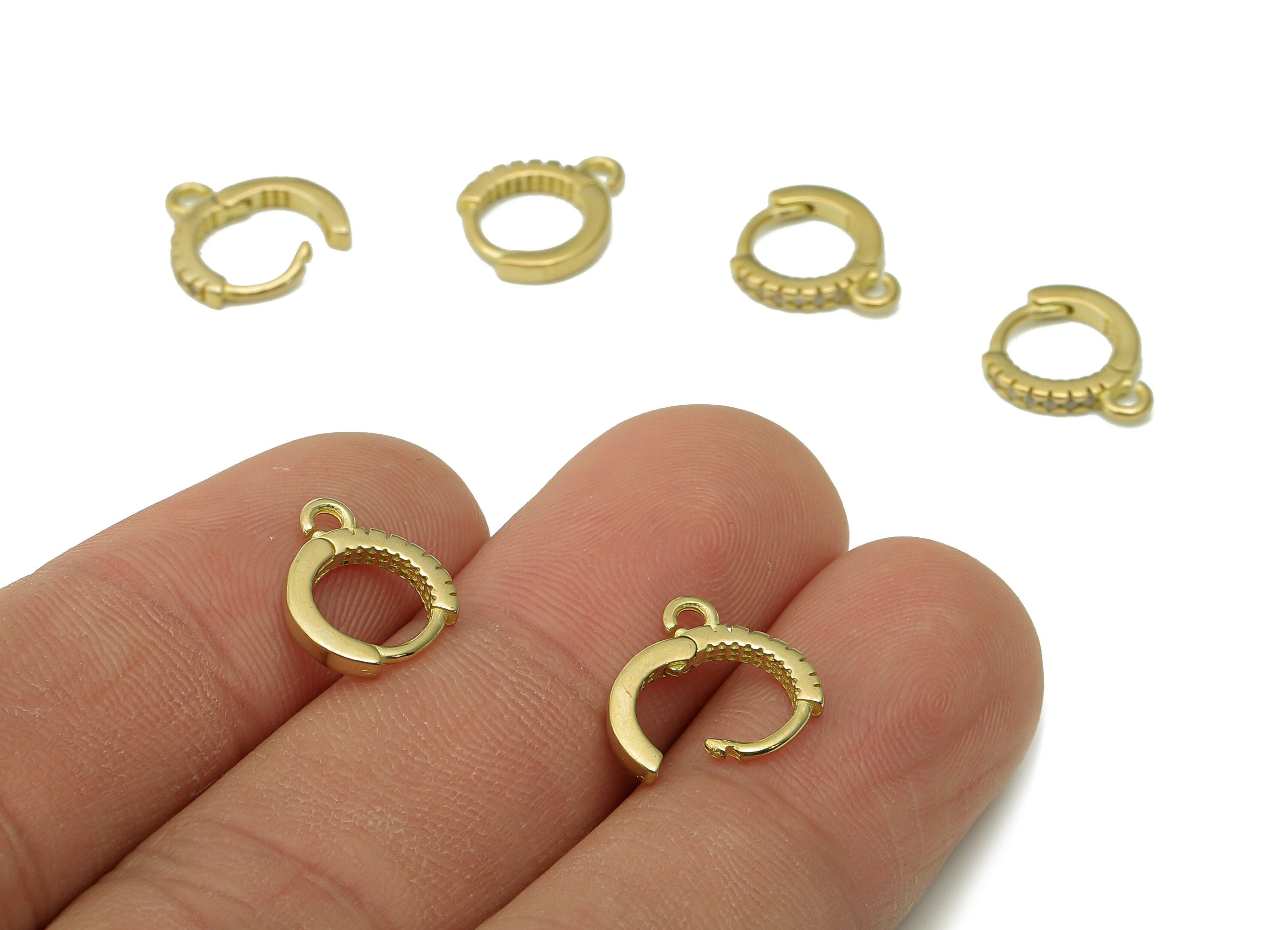 Brass Round Earring Clasp - Raw Brass Huggie Hoop With Loop - Circle Pendant With Zircons - Huggies Clasps - 11.2x10x1.8mm - PP8066 - DOMEDBAZAAR
