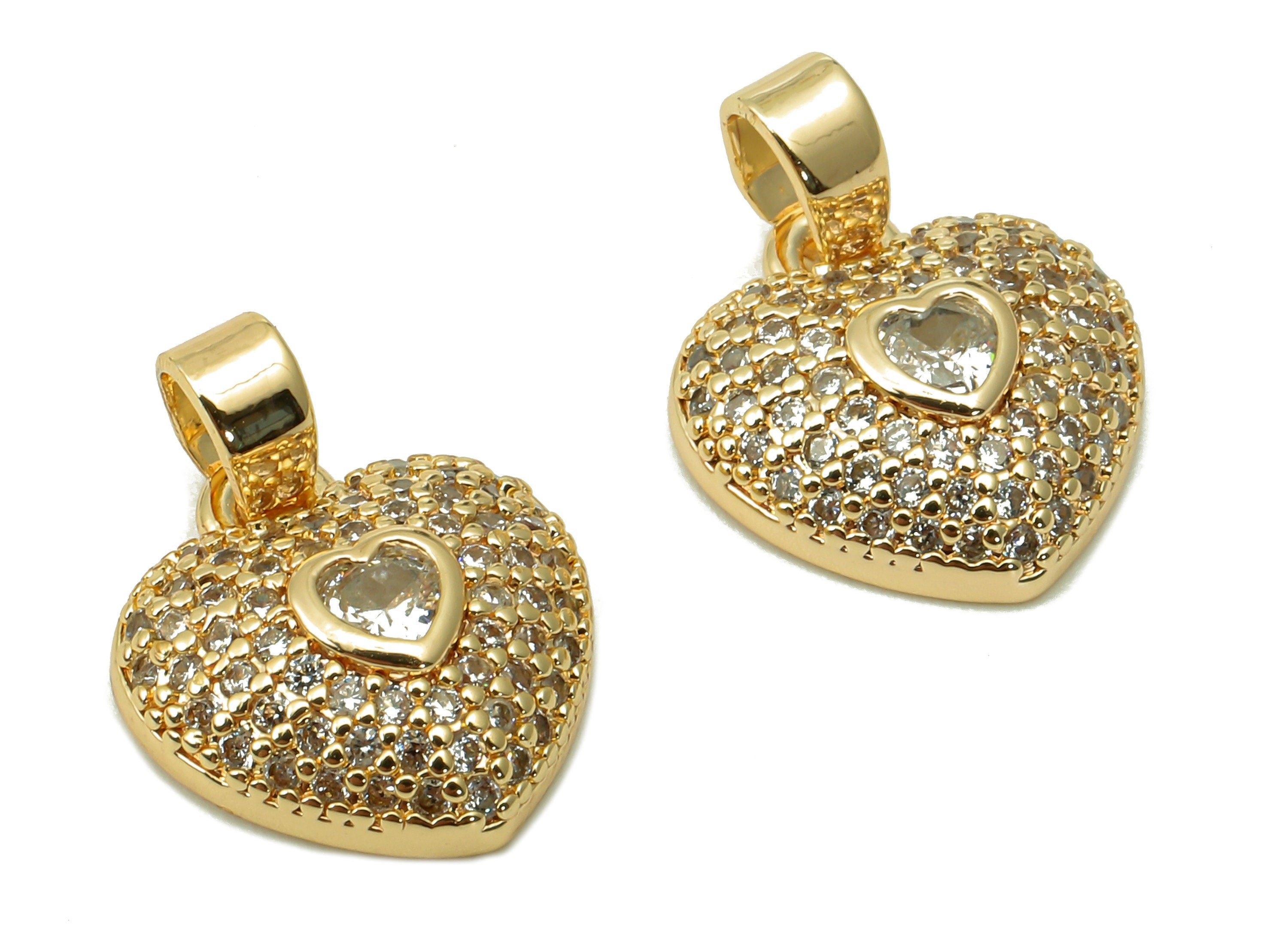 Brass Zircon Heart Pendant - Zircon Dot Heart Earring Charm - Spot Earring With Loop - 18K Real Gold Plating Charm - 15.6x11.5x2mm - RGP5510 - DOMEDBAZAAR