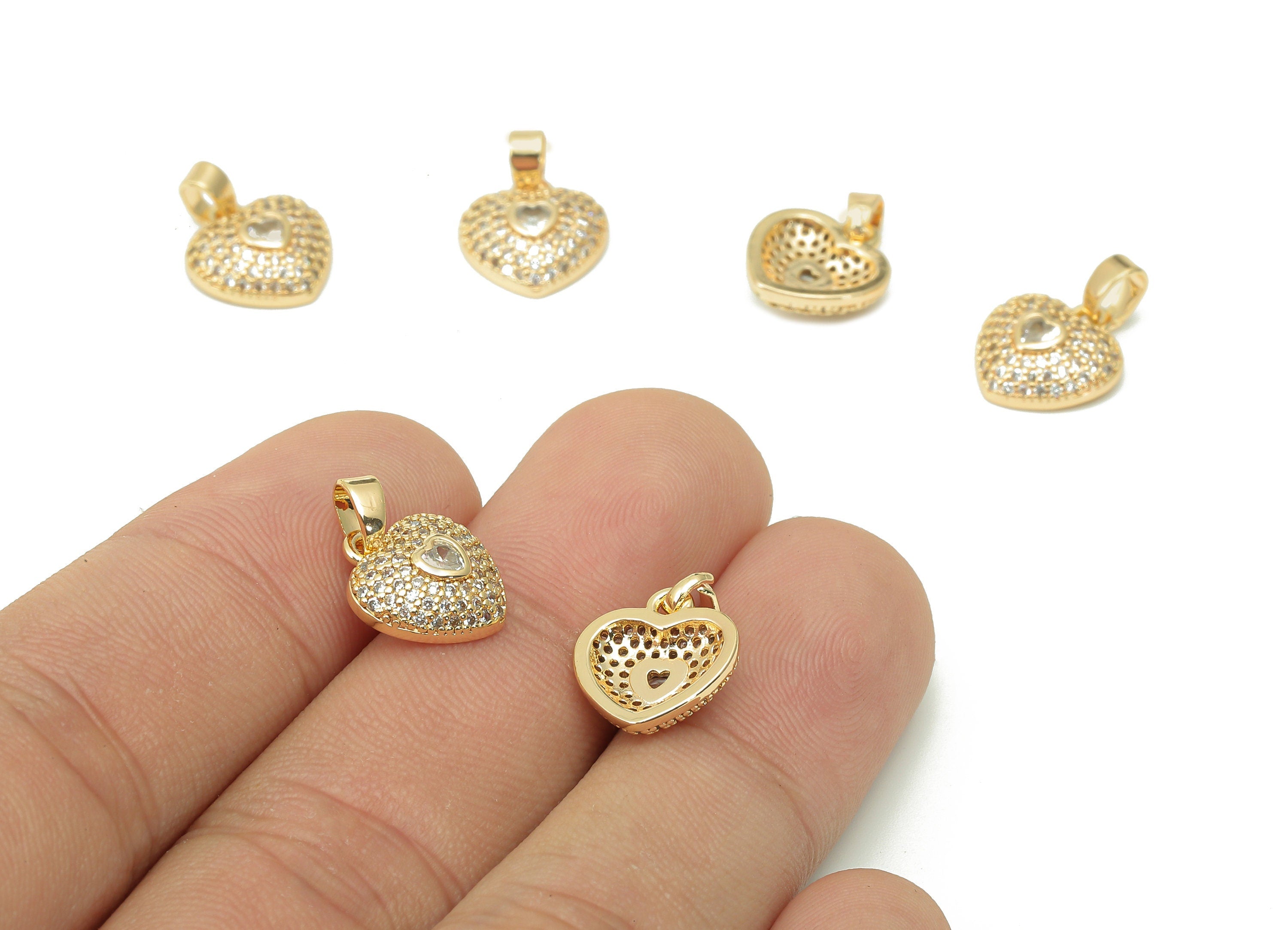Brass Zircon Heart Pendant - Zircon Dot Heart Earring Charm - Spot Earring With Loop - 18K Real Gold Plating Charm - 15.6x11.5x2mm - RGP5510 - DOMEDBAZAAR