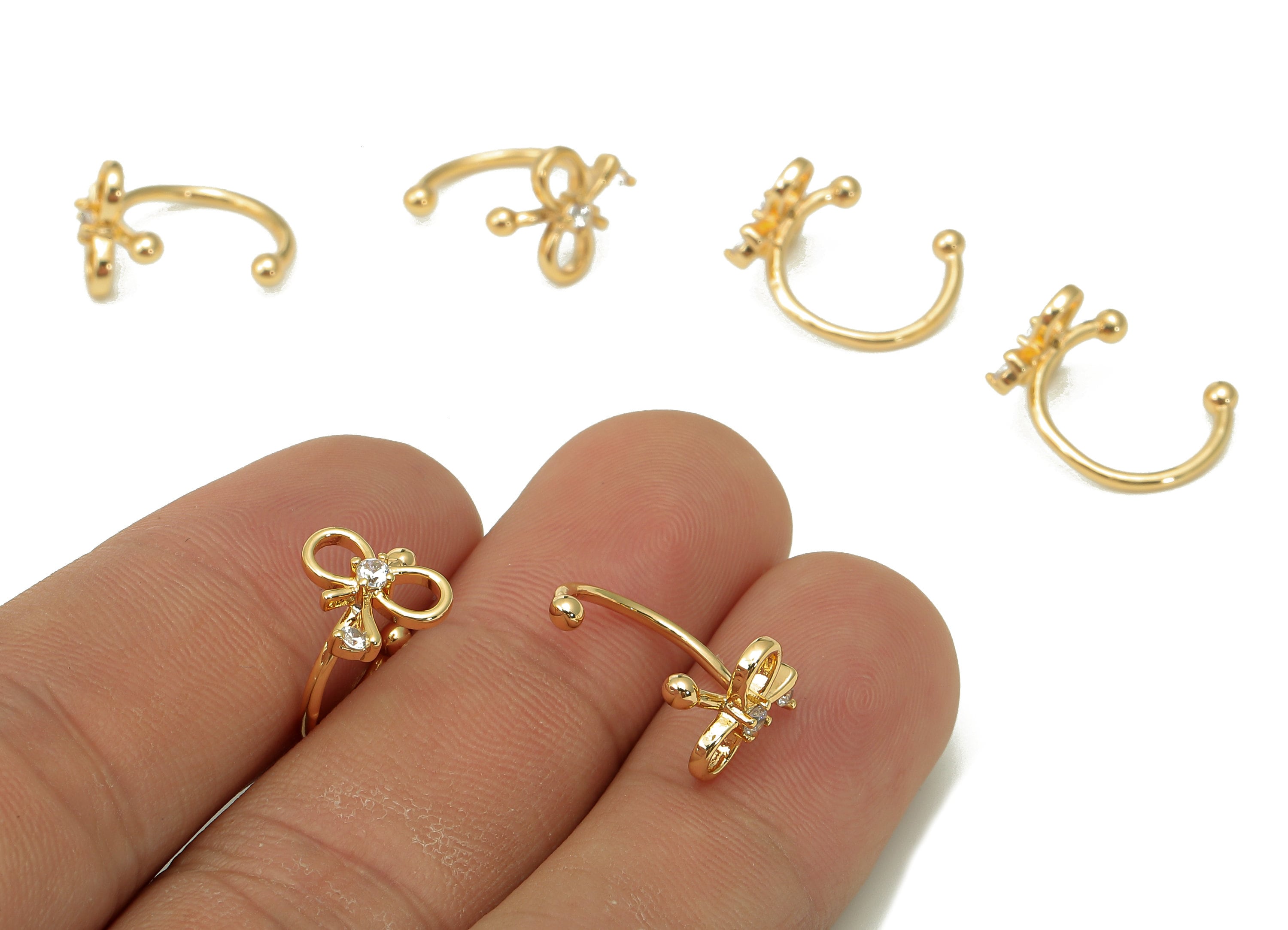 Brass Bow Tie Open Round Ring - Bow-Knot Earring Cuff With Zircon - C Hoop Ear Clip - 18K Real Gold Plating Cuff Ear-16.1x11.9x2.3mm-RGP5512 - DOMEDBAZAAR