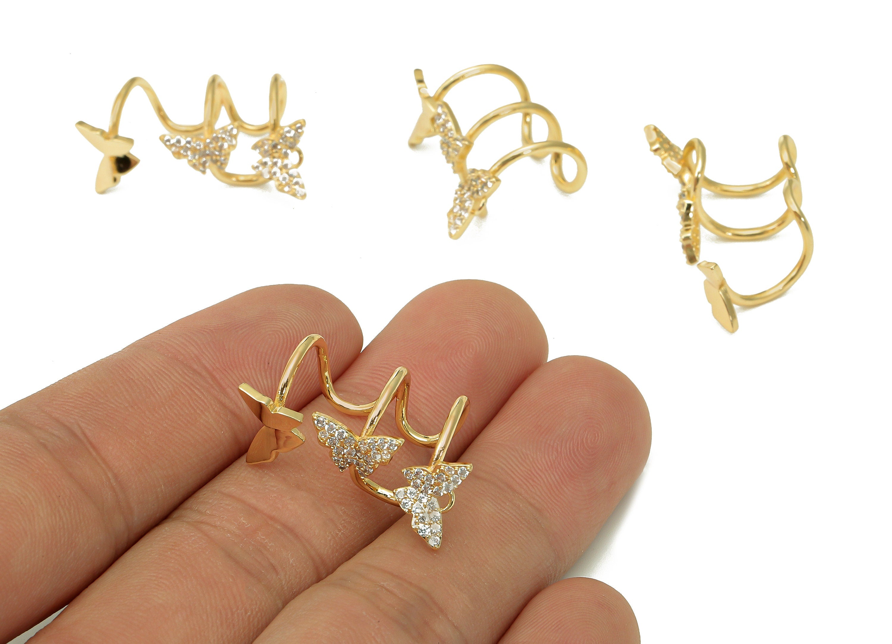 Brass Butterfly Open Round Ring - C Earring Cuff With Zircon - Ear Clip - 18K Real Gold Plating Cuff Ear - 16.1x11.9x2.3mm - RGP5513 - DOMEDBAZAAR