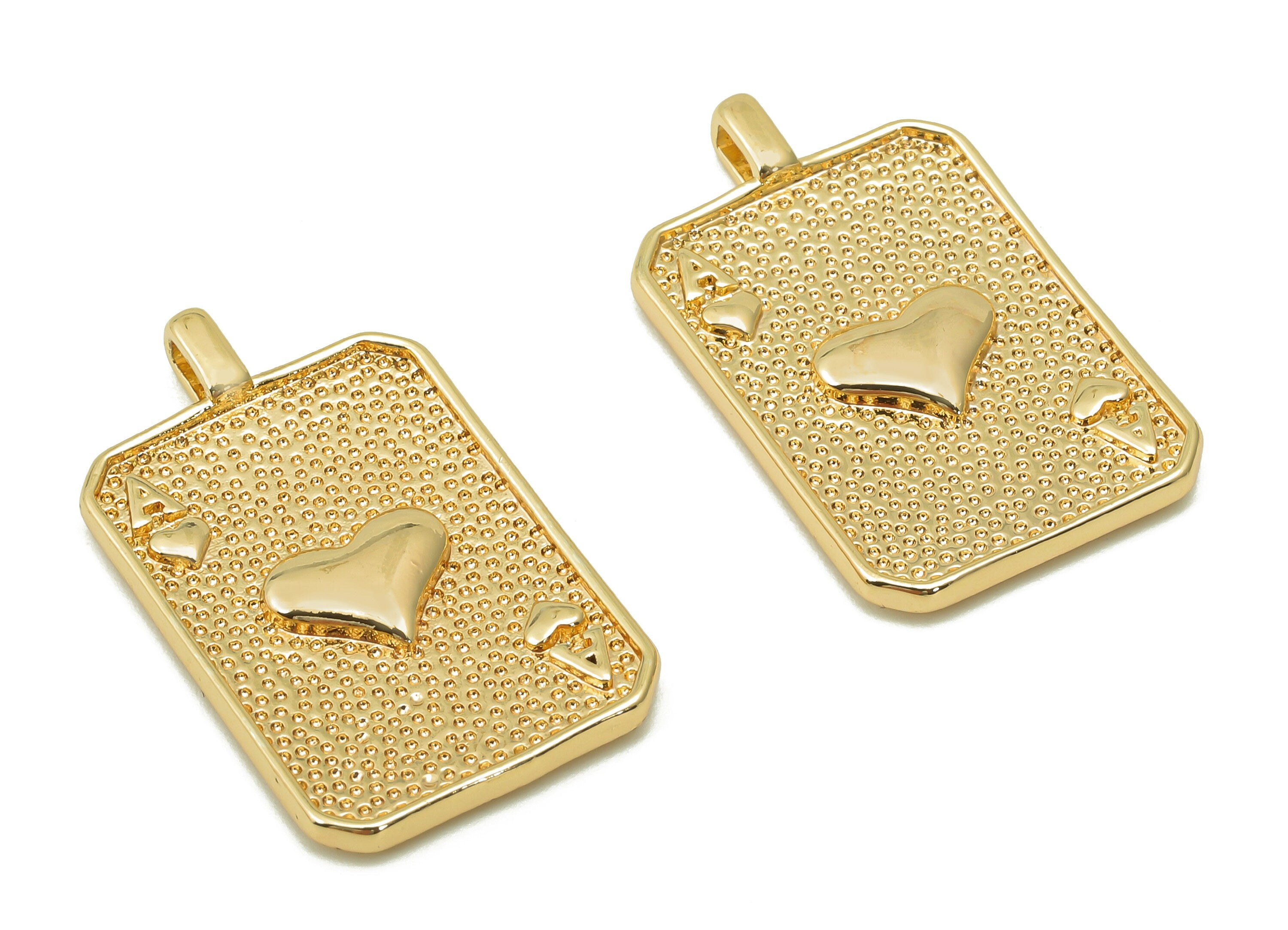 Brass Poker Cards Rectangle Pendant - Ace Of Hearts Earring - Earring Charm With Loop - 18K Real Gold Plating - 26.5x15.9x2.3mm - RGP5515 - DOMEDBAZAAR