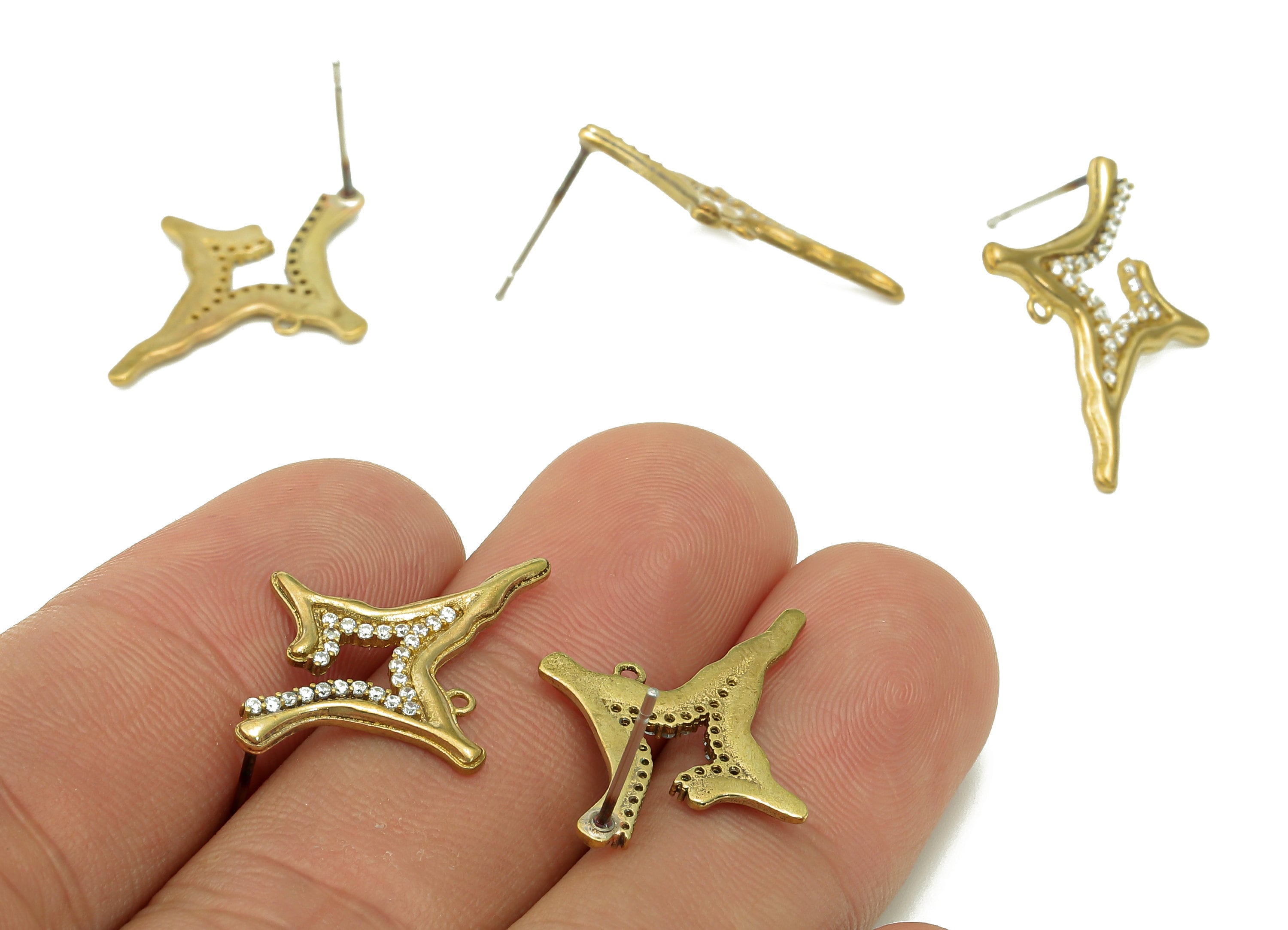 Brass Zircon Planet Earrings Stud - Raw Brass Earring Post With Loop - North Star Stud Ear - 316 Stainless Steel - 24.4x18.4x1.4mm - PP8144 - DOMEDBAZAAR