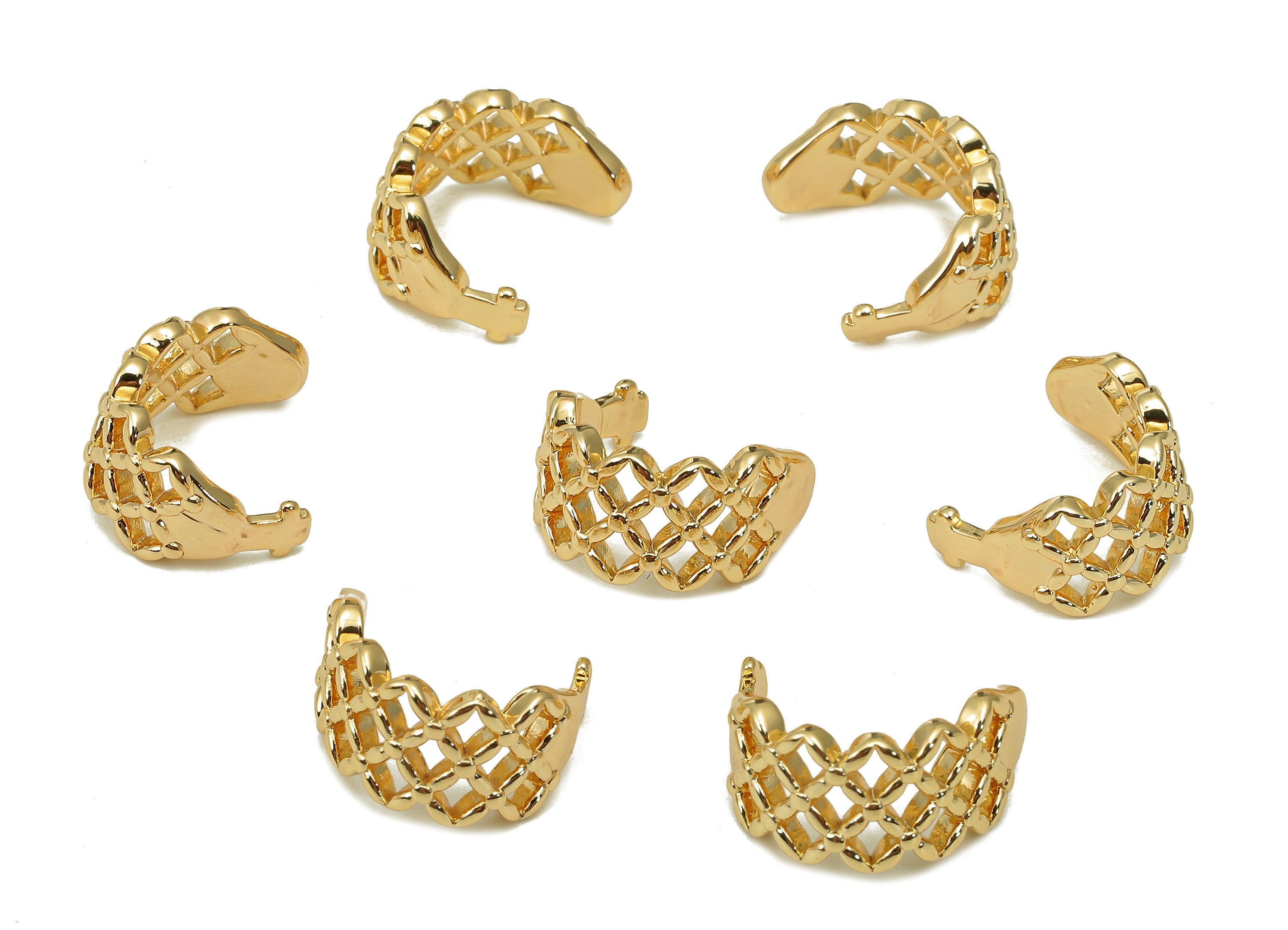 Brass Mesh Open Round C Ring - Mesh Hollow Hoop Ear Clip - Wide Hoop Earring Cuff - 18K Real Gold Plating Cuff Ear - 14.6x7.7x1.6mm -RGP5536 - DOMEDBAZAAR