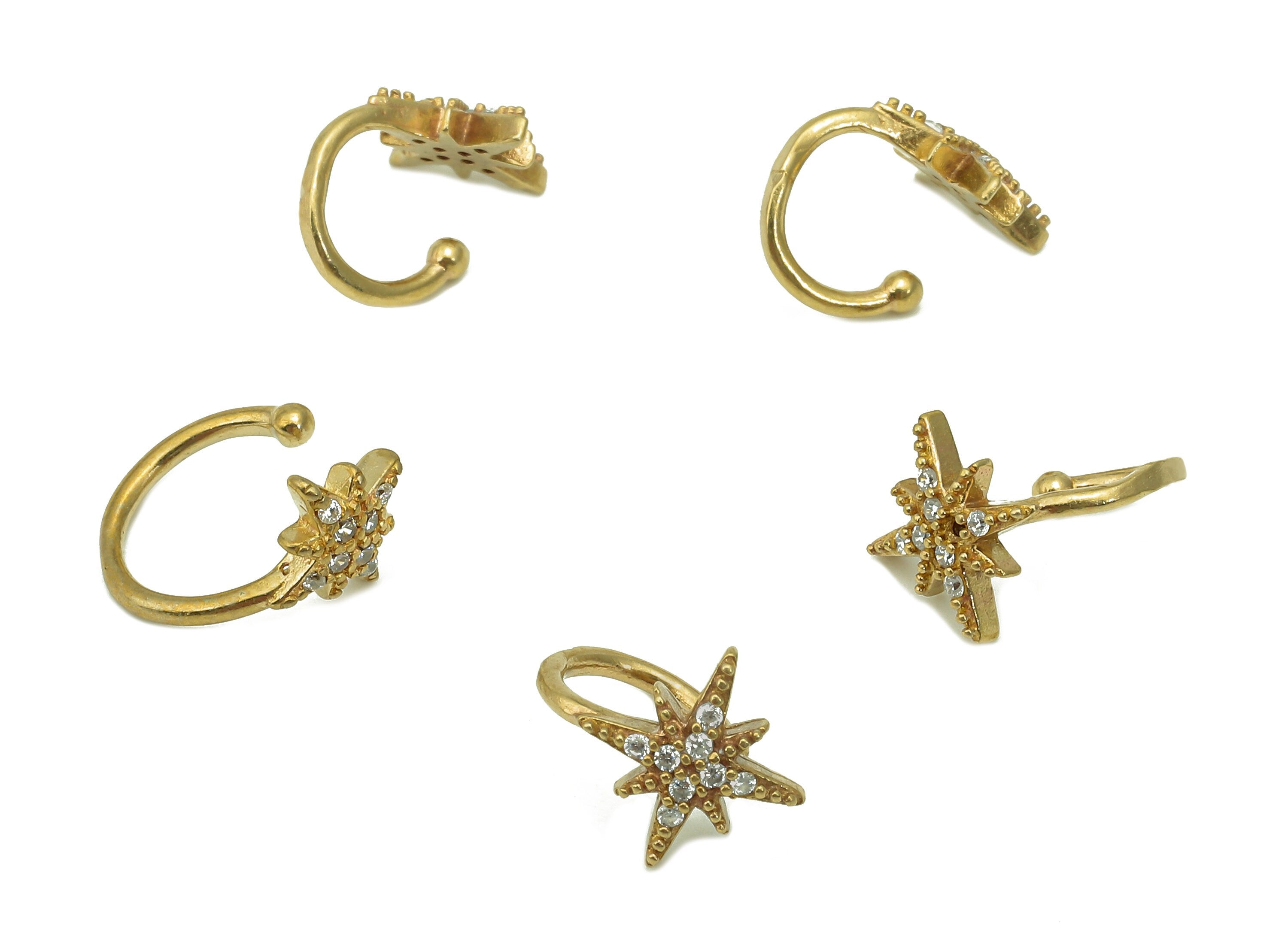 Brass Star Open Round C Ring - Raw Brass Cartilage Earring With Zircon - Planet Huggie Hoop Earring - Gift For Her - 11.1x7.9x1.9mm - PP8149 - DOMEDBAZAAR