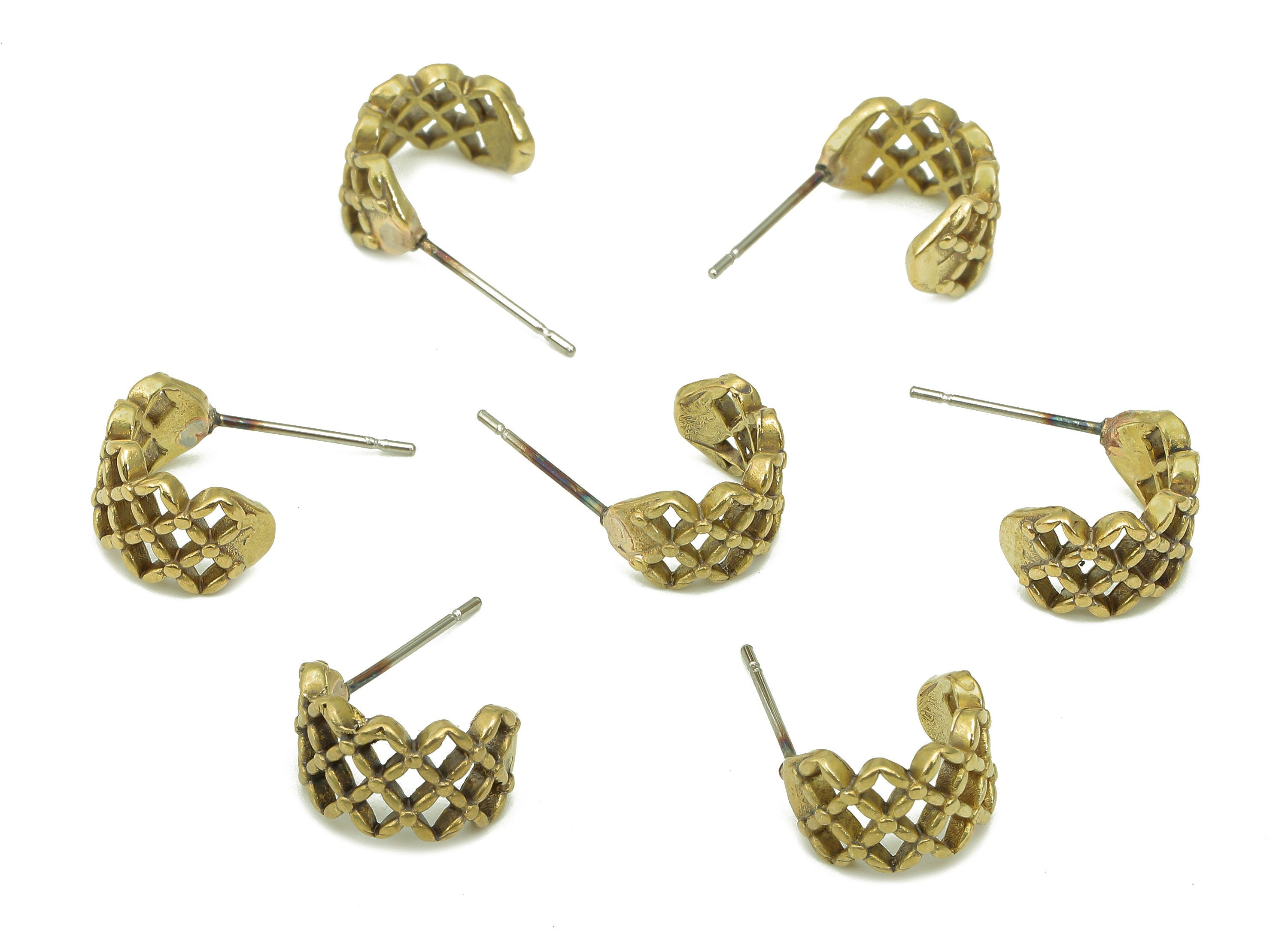 Brass Knitting Huggie C Earrings Stud - Raw Brass Mesh Earring Post - Braid Stud Earring - 316 Stainless Steel - 11.97x7.7x2.33mm - PP8150 - DOMEDBAZAAR