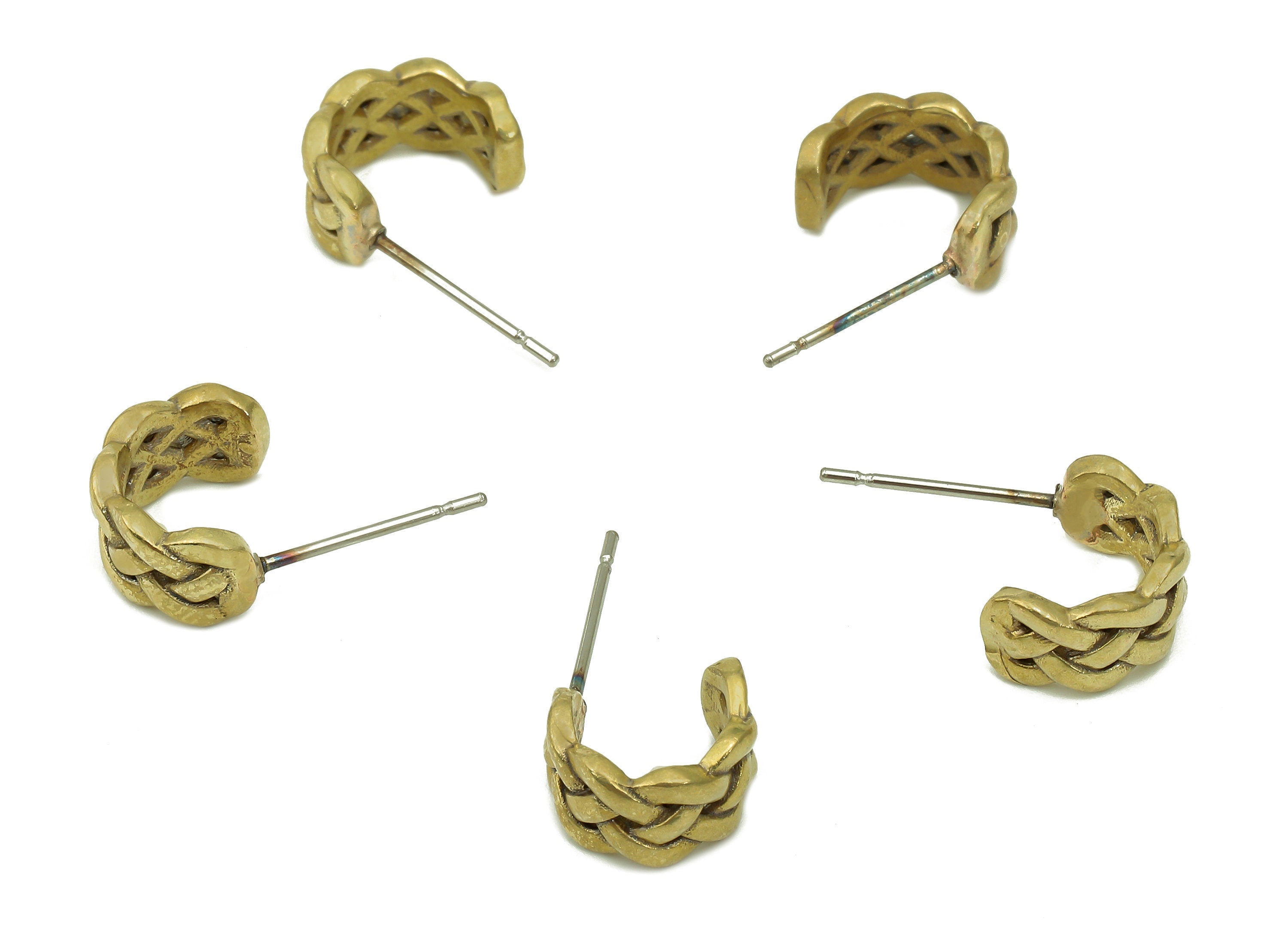 Brass Knitting Huggie C Earrings Stud - Raw Brass Knit Earring Post - Braid Stud Earring - 316 Stainless Steel - 11.72x6.67x2.11mm - PP8151 - DOMEDBAZAAR