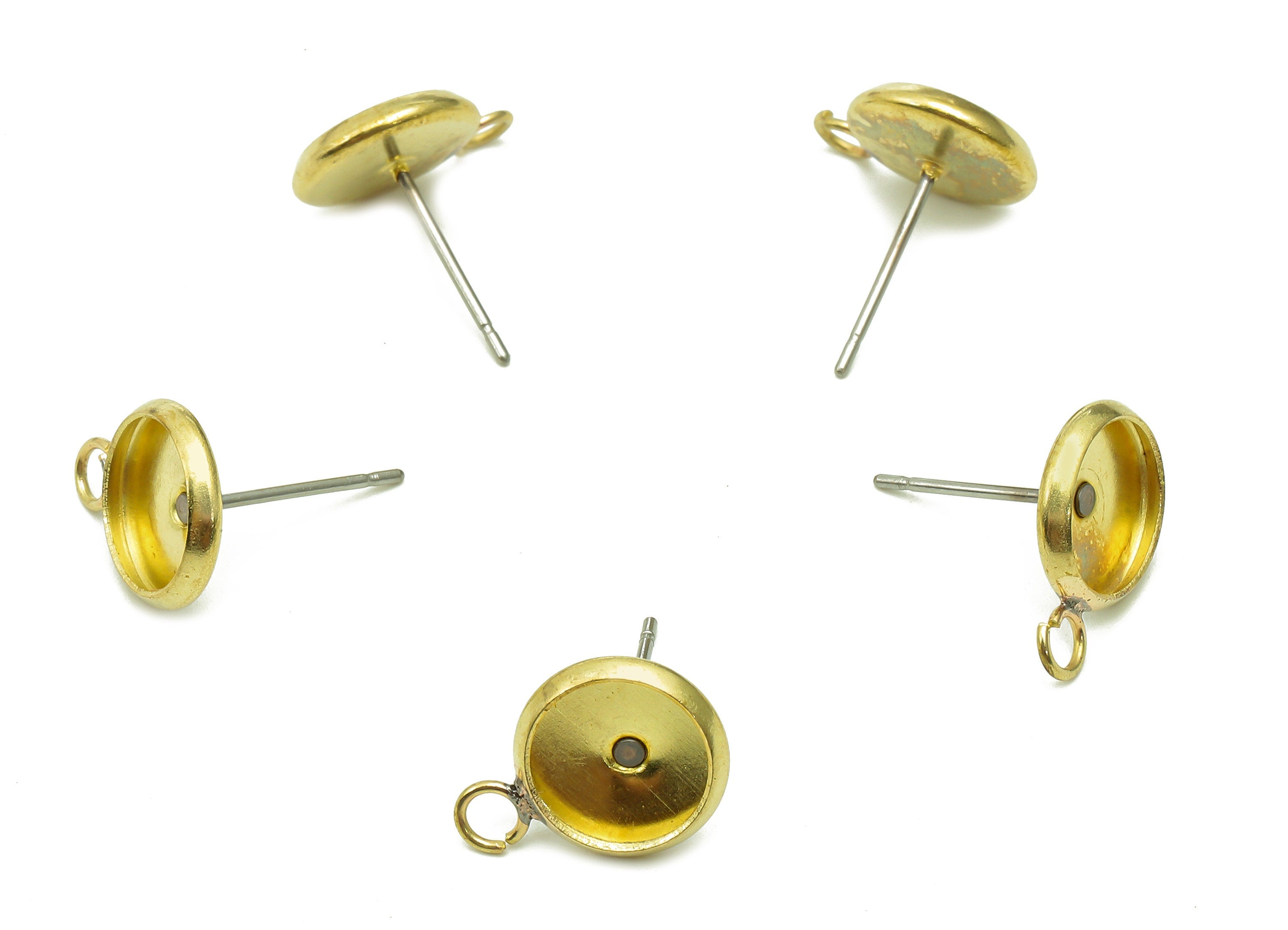 Brass Cabachon Stud Earring - Raw Brass Circle Earring Post - Round Pot Earring With Loop - Stainless Steel Stud - 13.4x9.9x1.6mm -PP8075-10 - DOMEDBAZAAR