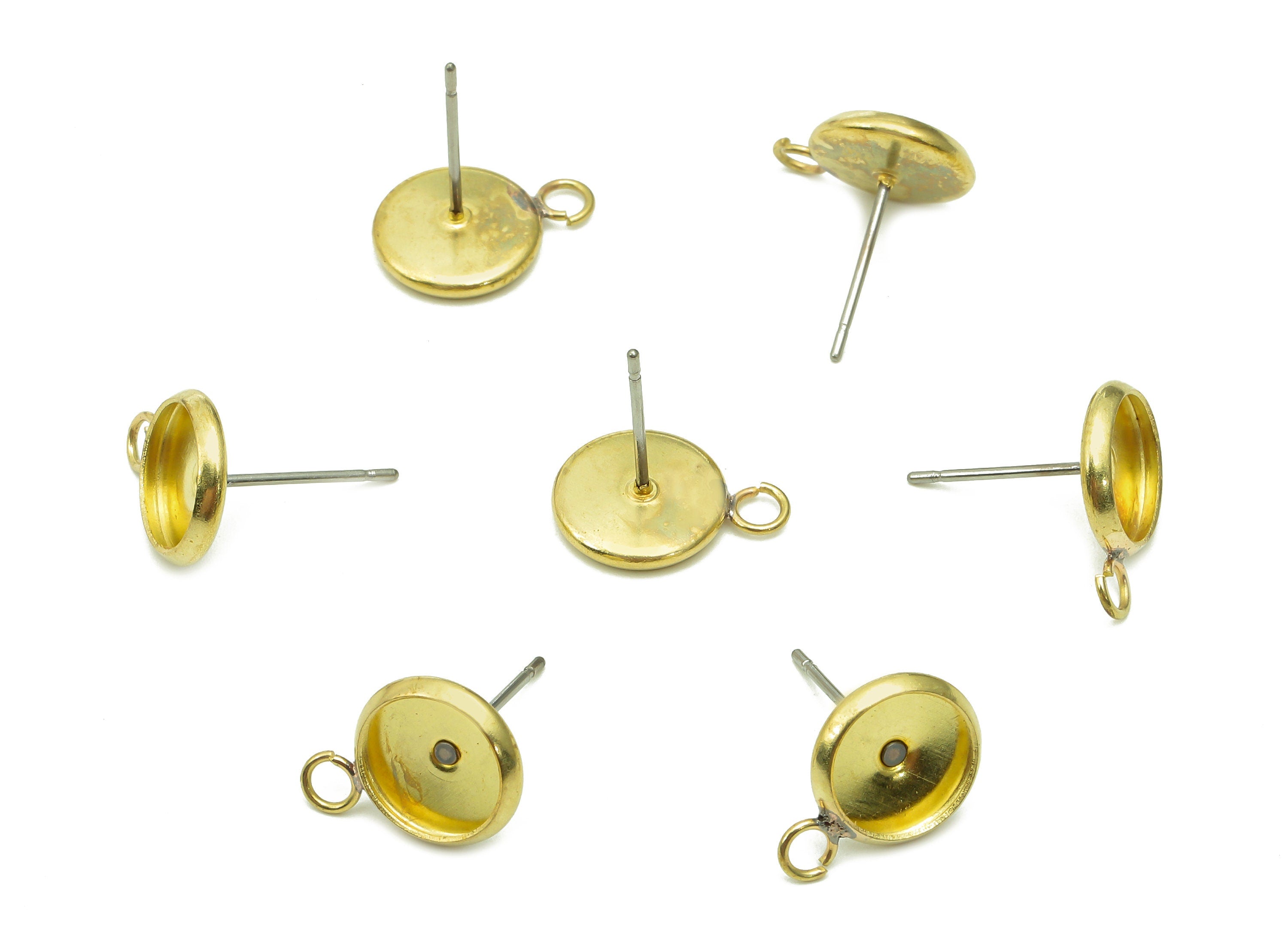 Brass Cabachon Stud Earring - Raw Brass Circle Earring Post - Round Pot Earring With Loop - Stainless Steel Stud - 13.4x9.9x1.6mm -PP8075-10 - DOMEDBAZAAR