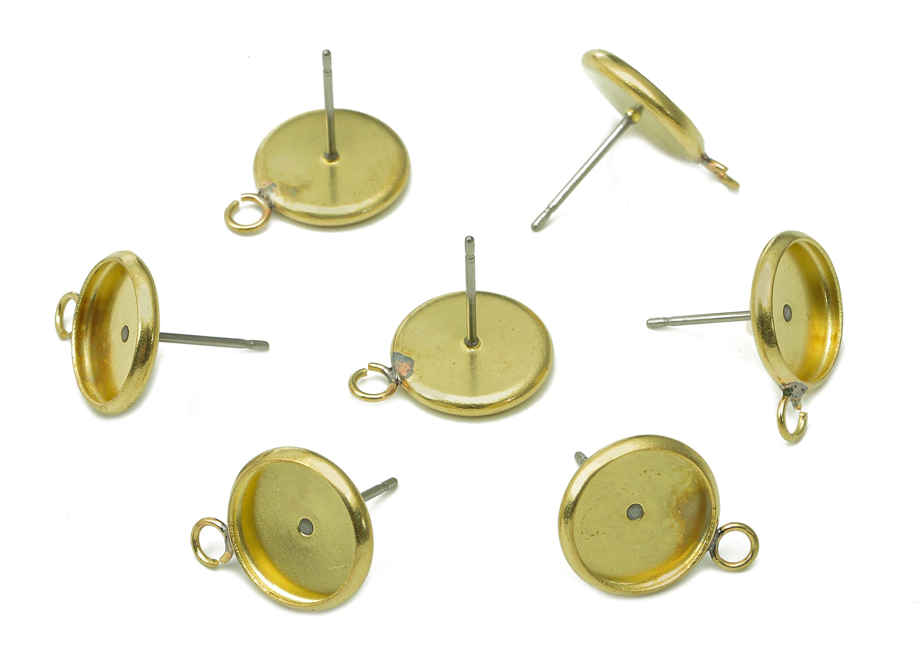 Brass Cabachon Stud Earring - Raw Brass Circle Earring Post - Round Pot Earring With Loop - Stainless Steel Stud - 15.3x11.8x1.4mm-PP8075-12 - DOMEDBAZAAR