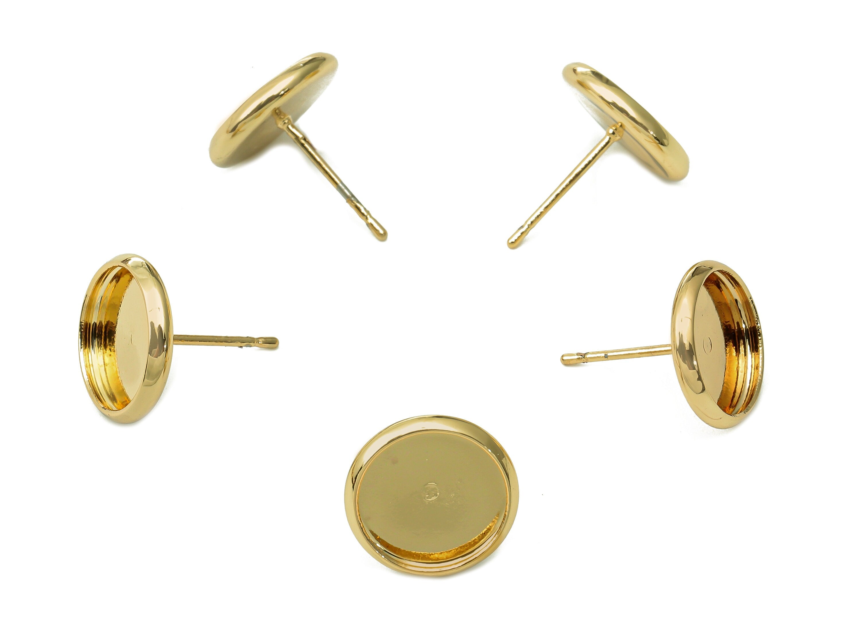Brass Cabachon Round Stud Earring - Gold Circle Pot Earring Post - 316 Stainless Steel - 18K Real Gold Plating - 11.9x11.9x0.4mm -RGP5449-10 - DOMEDBAZAAR