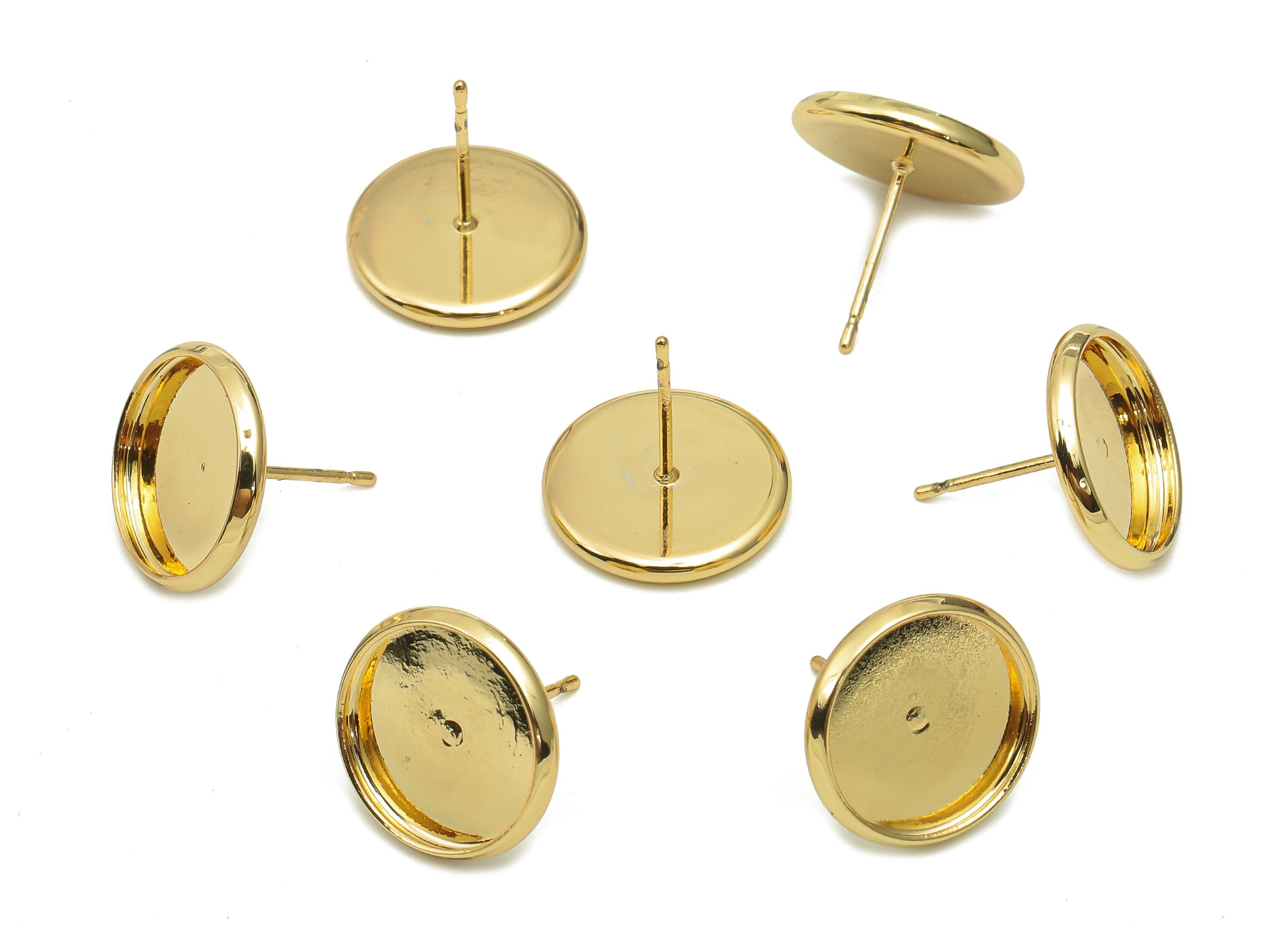 Brass Cabachon Round Stud Earring - Gold Circle Pot Earring Post - 316 Stainless Steel - 18K Real Gold Plating - 13.8x13.8x0.4mm -RGP5449-12 - DOMEDBAZAAR