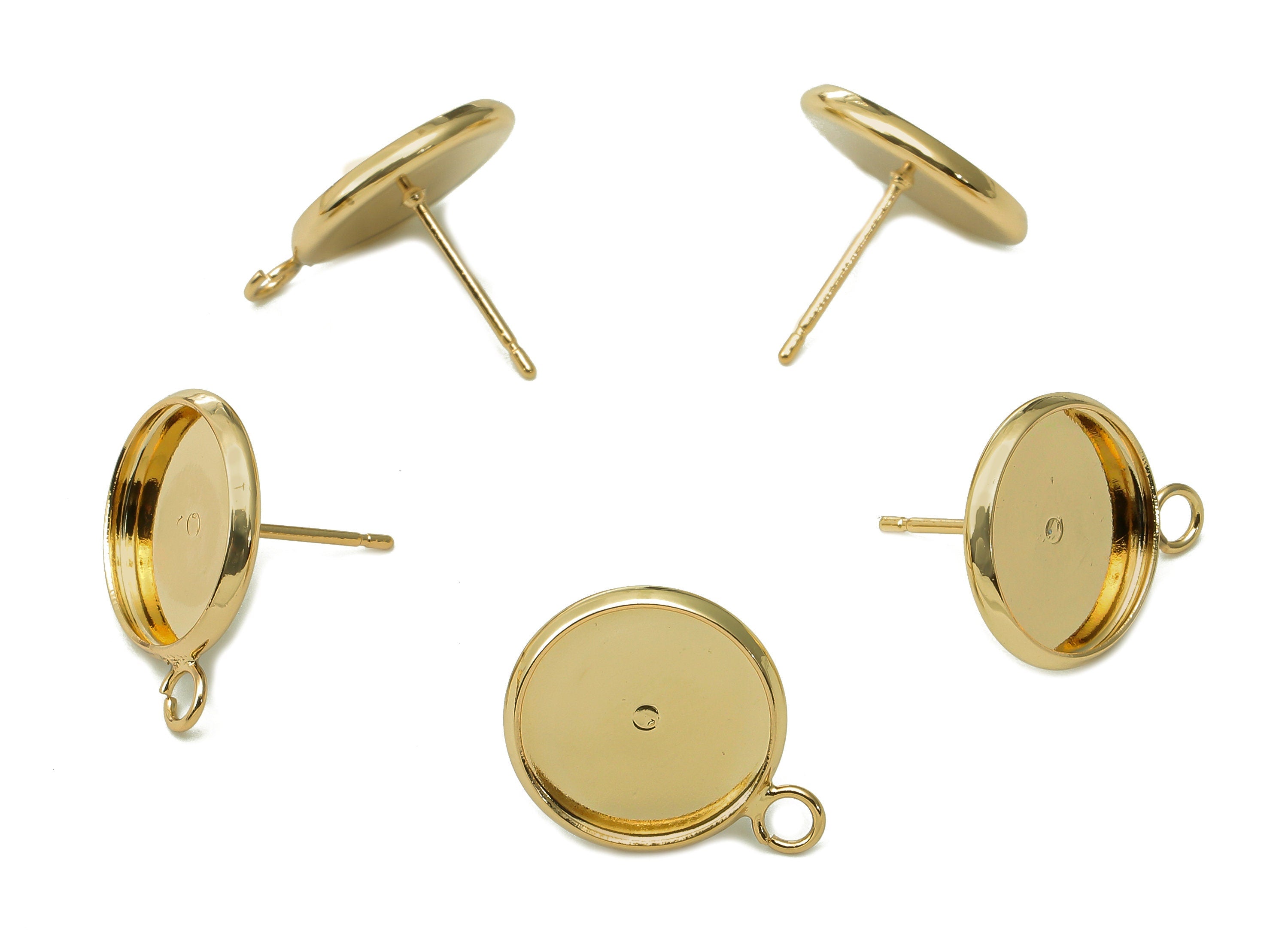 Brass Cabachon Stud Earring - Round Pot Earring Post With Loop - 316 Stainless Steel - 18K Real Gold Plating - 17.4x13.8x0.4mm - RGP5451-12 - DOMEDBAZAAR