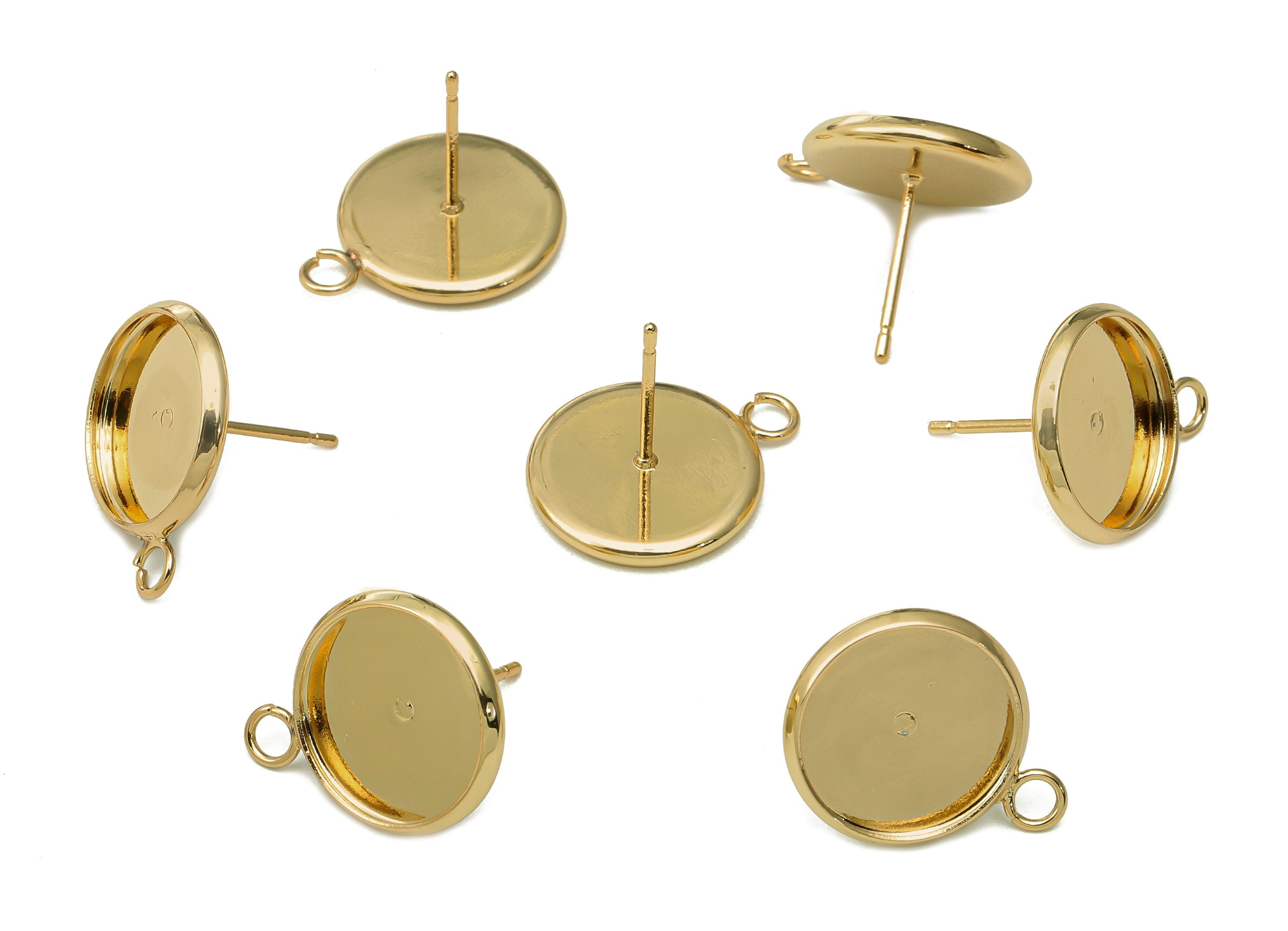 Brass Cabachon Stud Earring - Round Pot Earring Post With Loop - 316 Stainless Steel - 18K Real Gold Plating - 17.4x13.8x0.4mm - RGP5451-12 - DOMEDBAZAAR